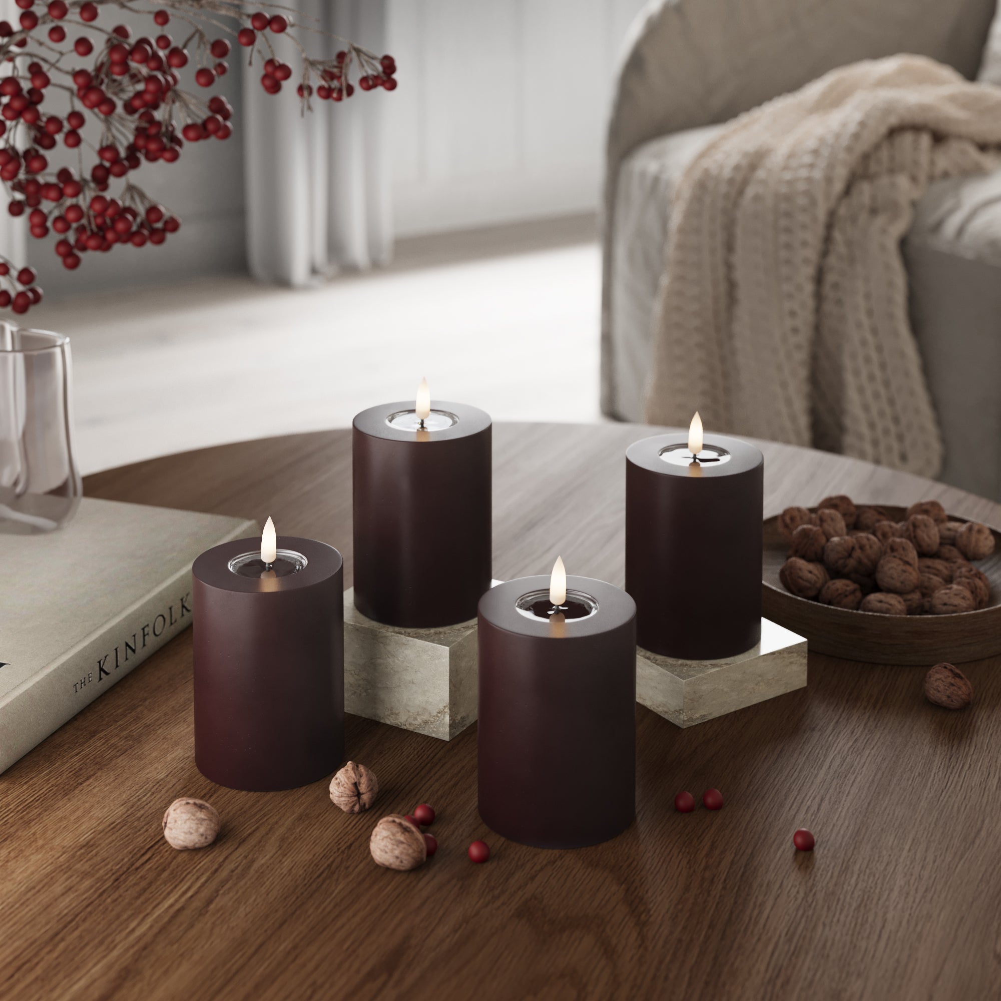 LED Blockljus Ø 7,5 x 10 cm Bourgogne - 4 st