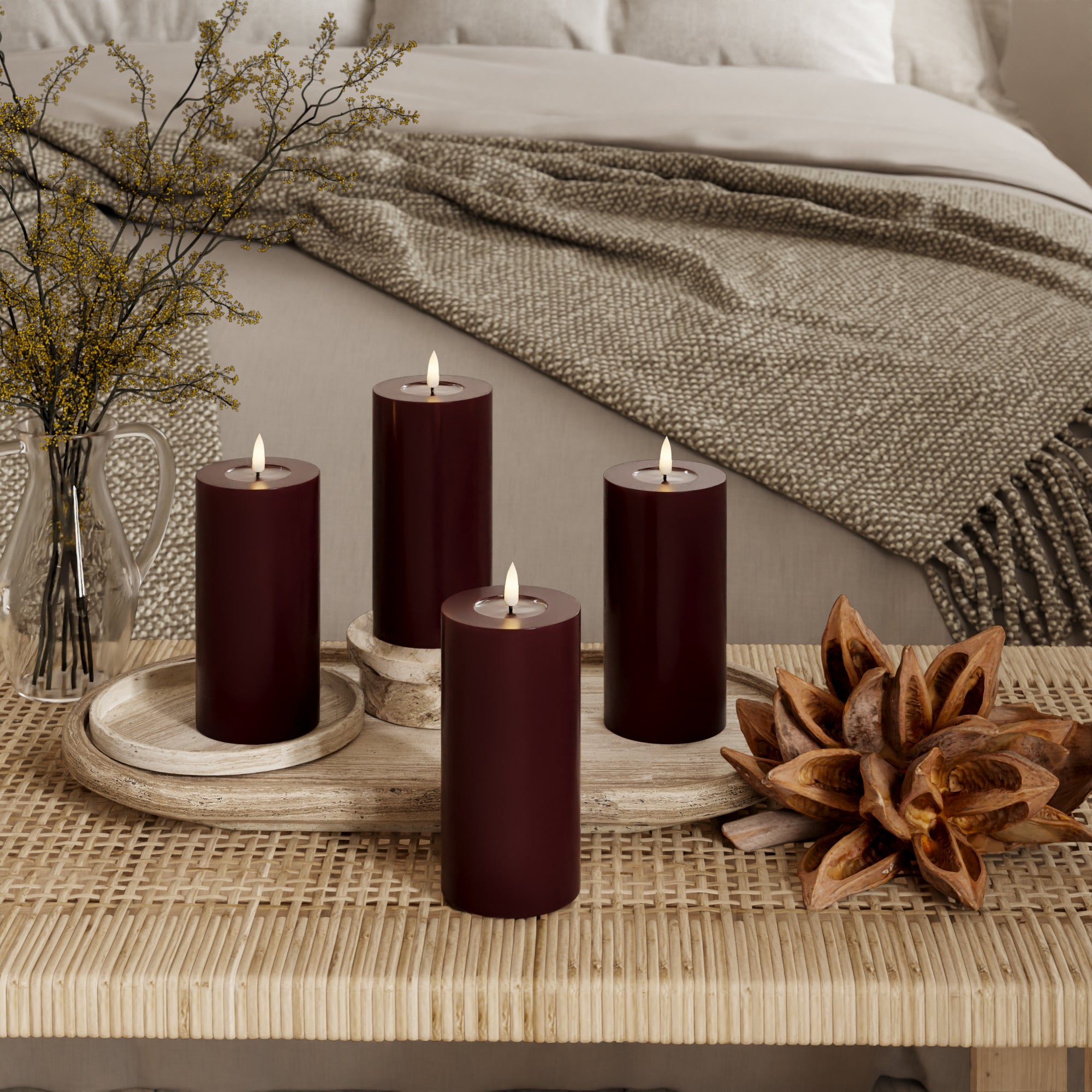 LED Pillar candle Ø 7.5 x 15 cm Burgundy - 4 pcs