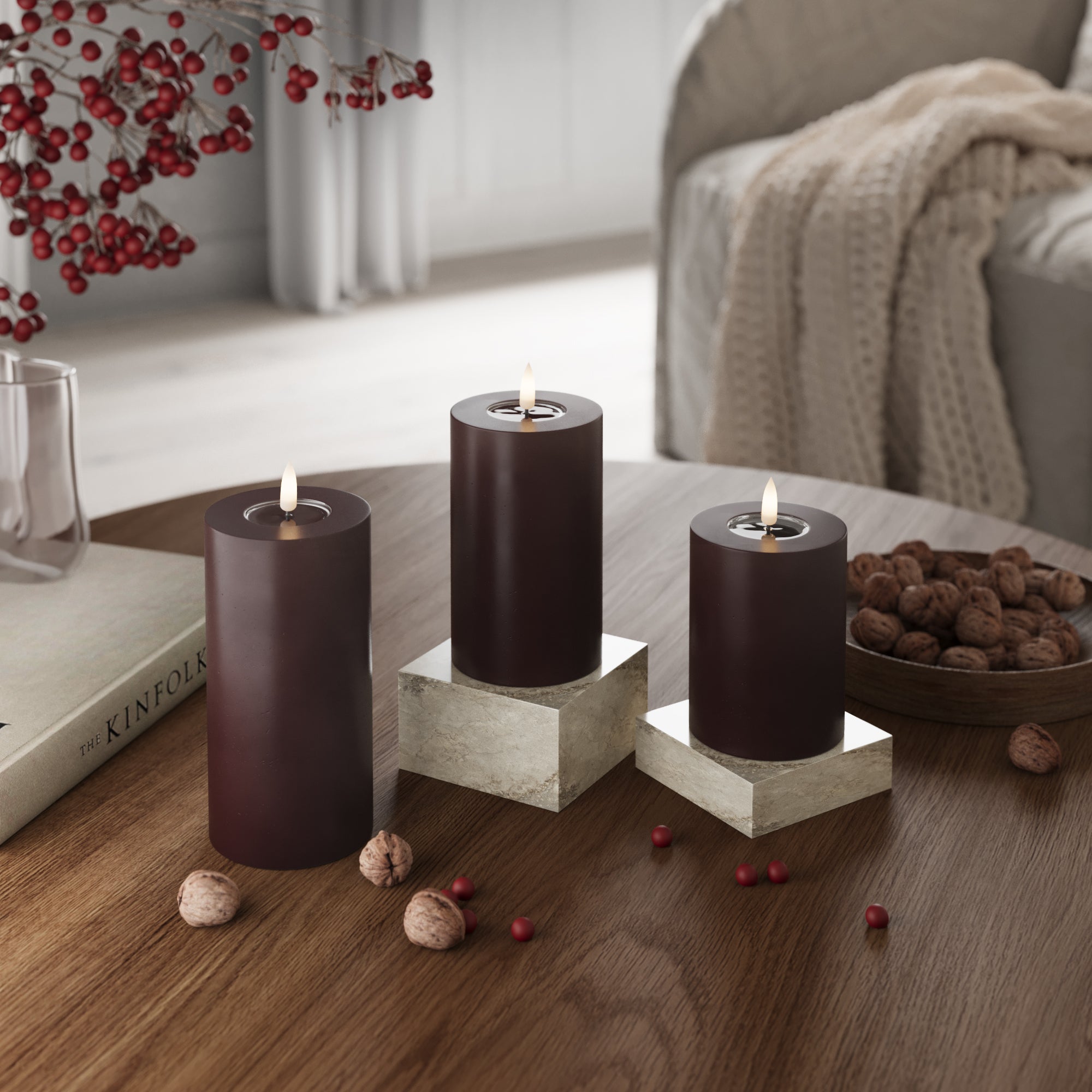 LED Pillar candle Ø 7.5 x 15 cm Burgundy - 4 pcs