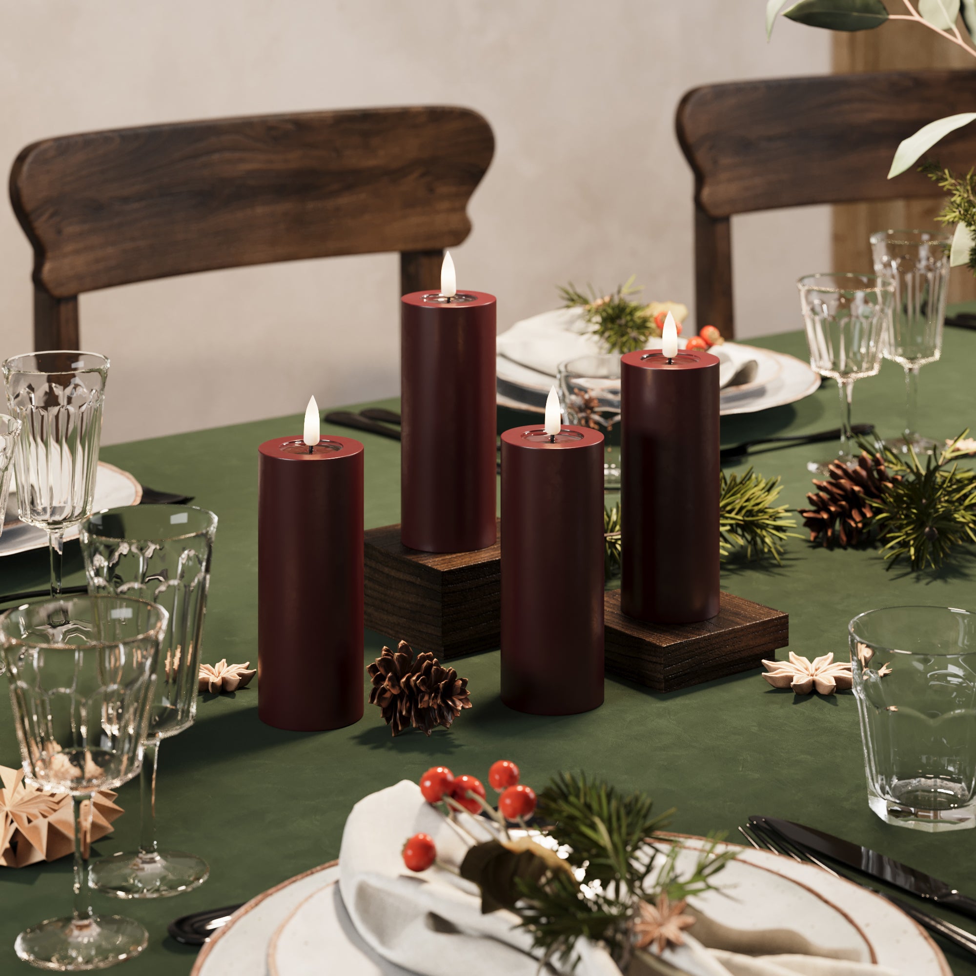 LED Pillar candle Ø 5 x 12.5 cm Burgundy - 4 pcs