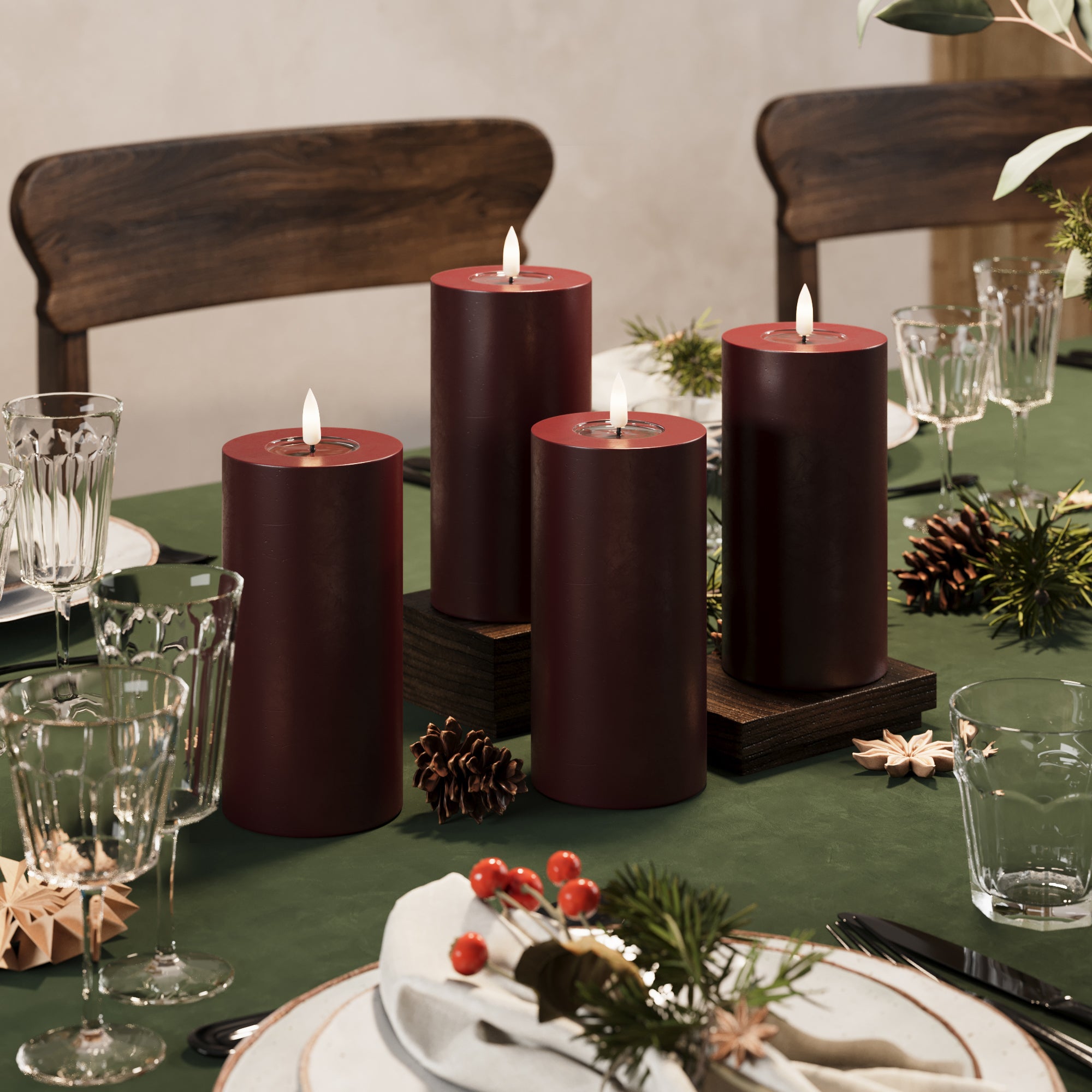 LED Pillar candle Ø 7.5 x 15 cm Burgundy - 4 pcs