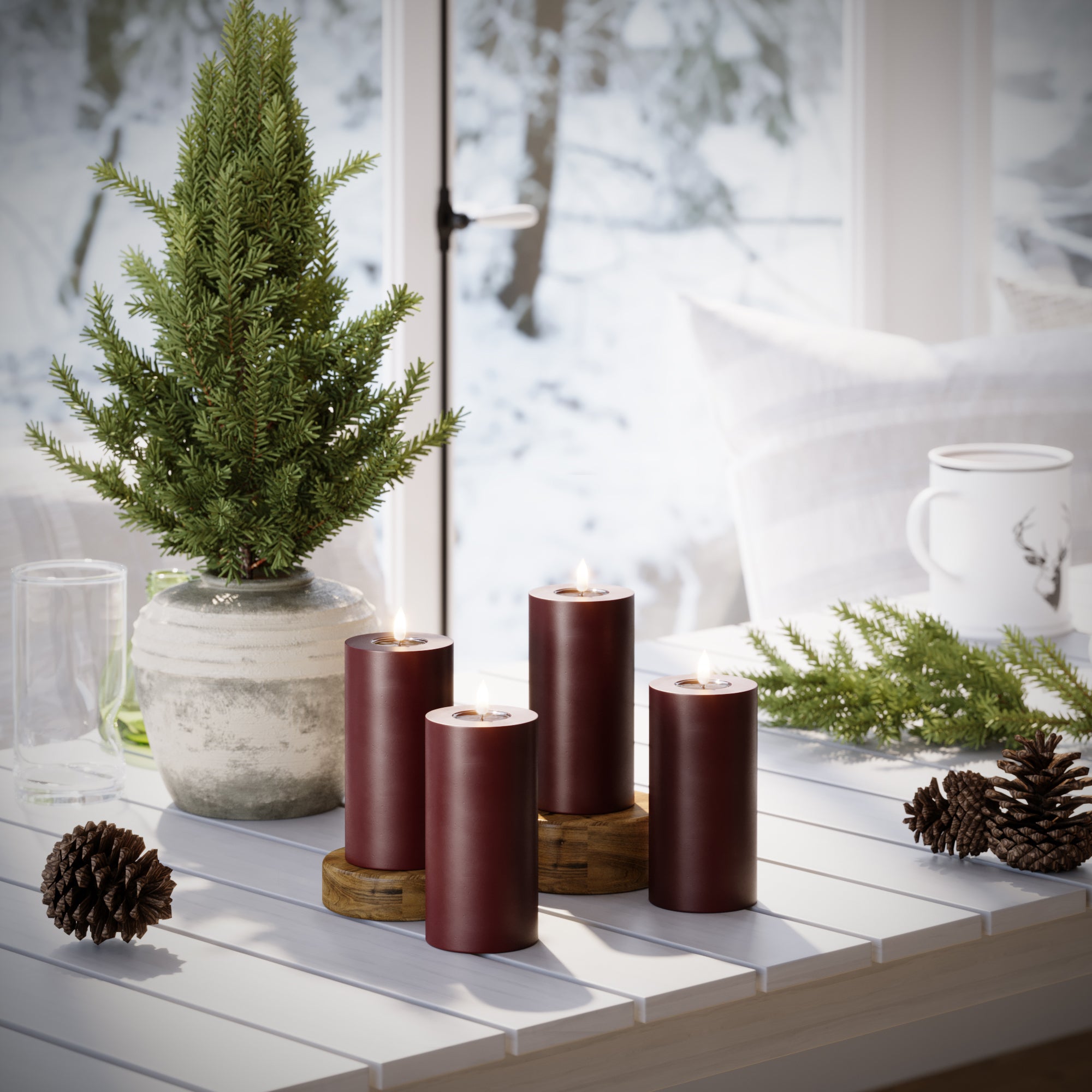LED Pillar candle Ø 7.5 x 15 cm Burgundy - 4 pcs