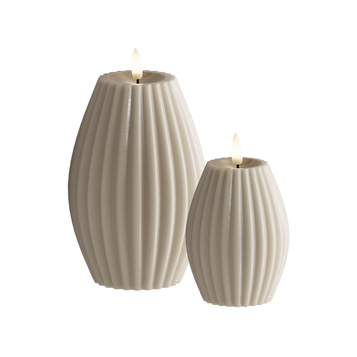 LED Ribbed candle 2 pcs, Ø 7.5 x 10 + Ø 10 x 15 cm Sand