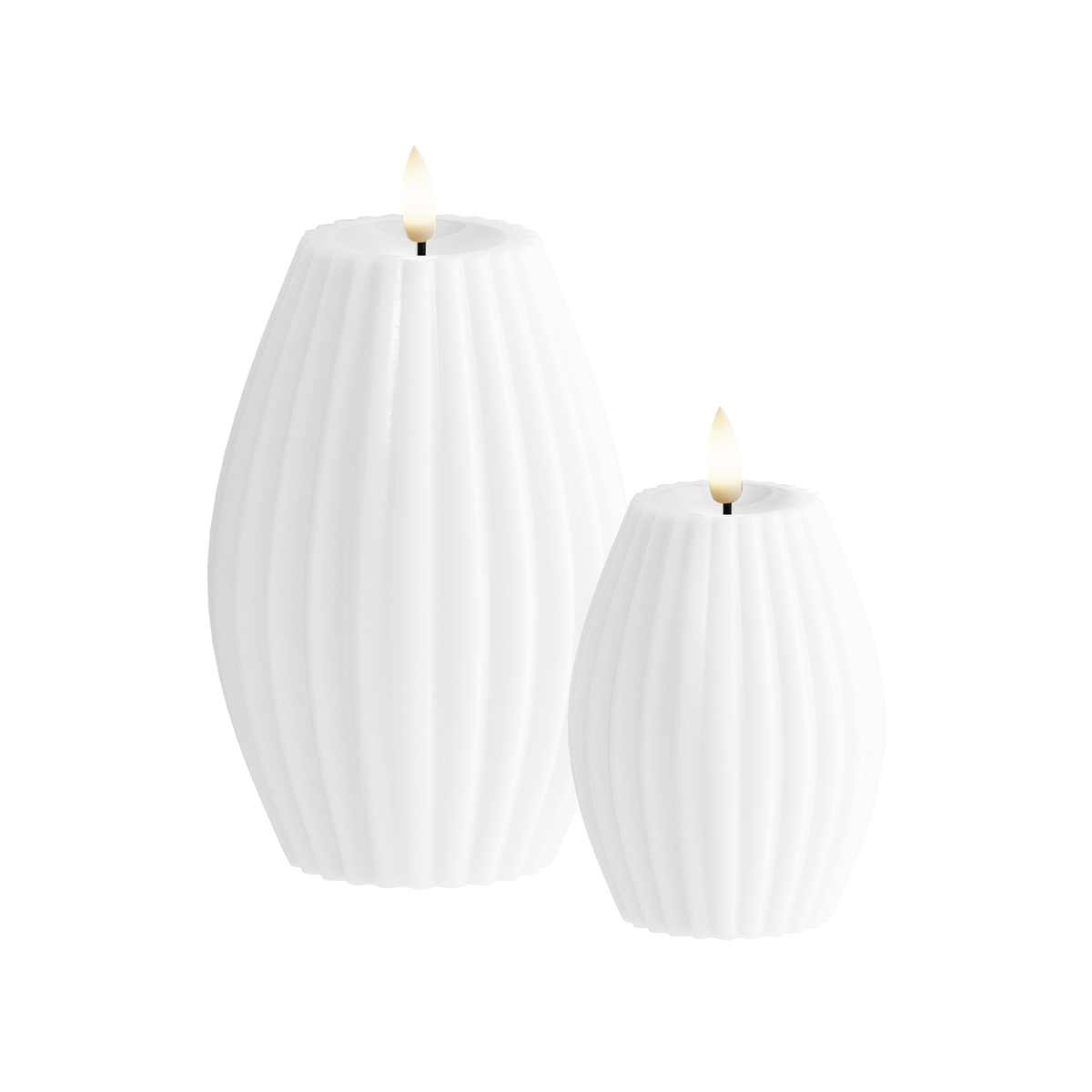 LED Ribbed candle 2 pcs, Ø 7.5 x 10 + Ø 10 x 15 cm White