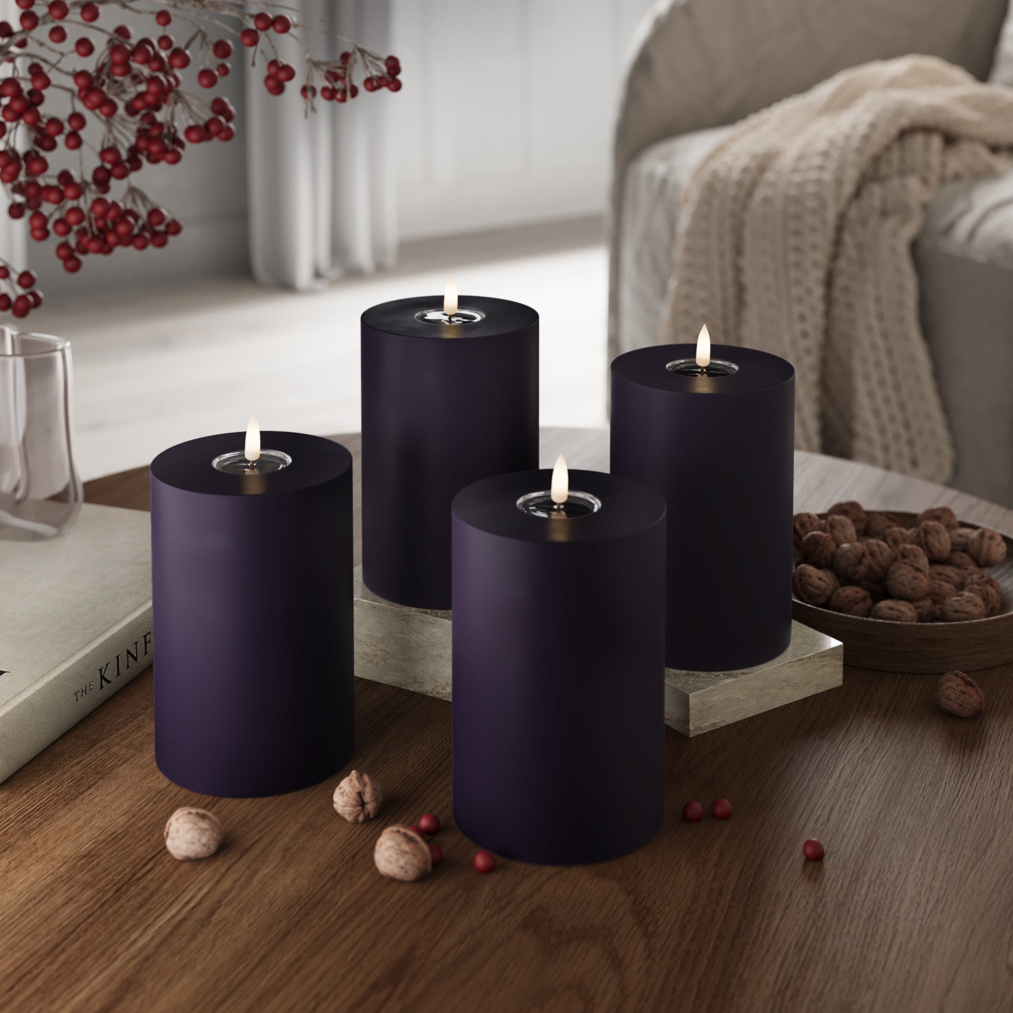LED Pillar candle Ø 10 x 15 cm Dark Purple - 4 pcs