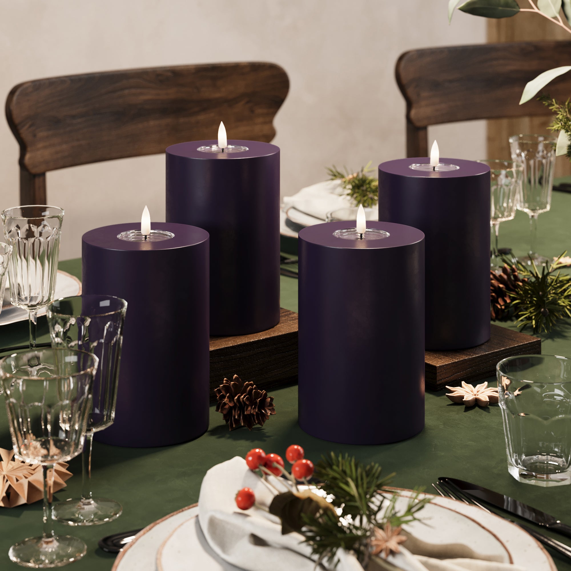 LED Pillar candle Ø 10 x 15 cm Dark Purple - 4 pcs