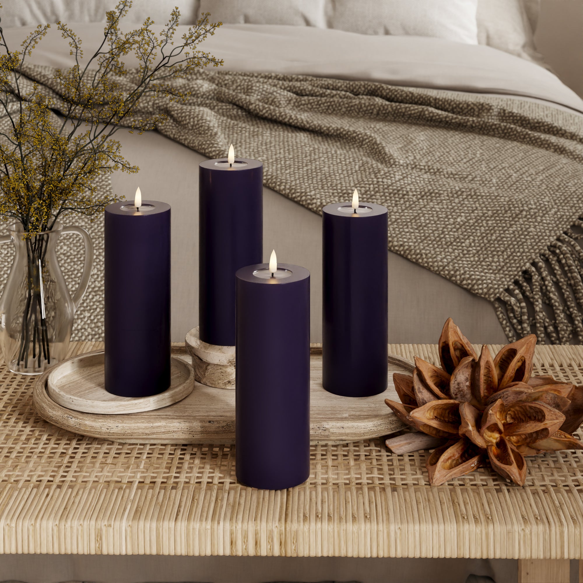 LED Pillar candle Ø 7.5 x 20 cm Dark Purple - 4 pcs