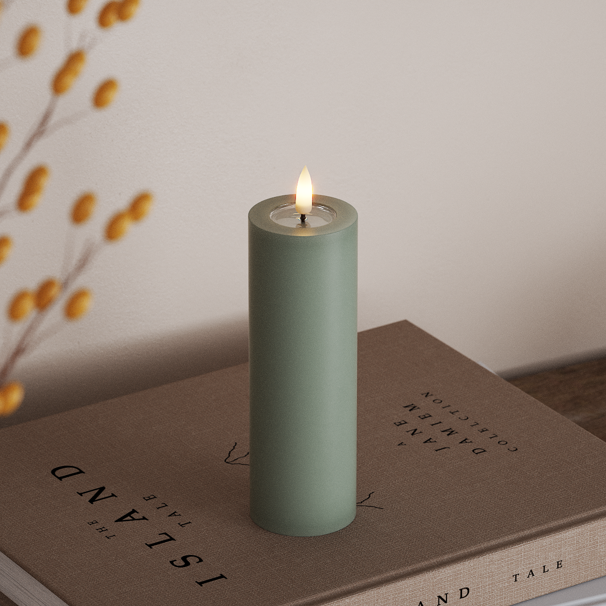 Deluxe Homeart LED Bloklys Ø 5 x 15 cm Salvie Grøn LED bloklys 3