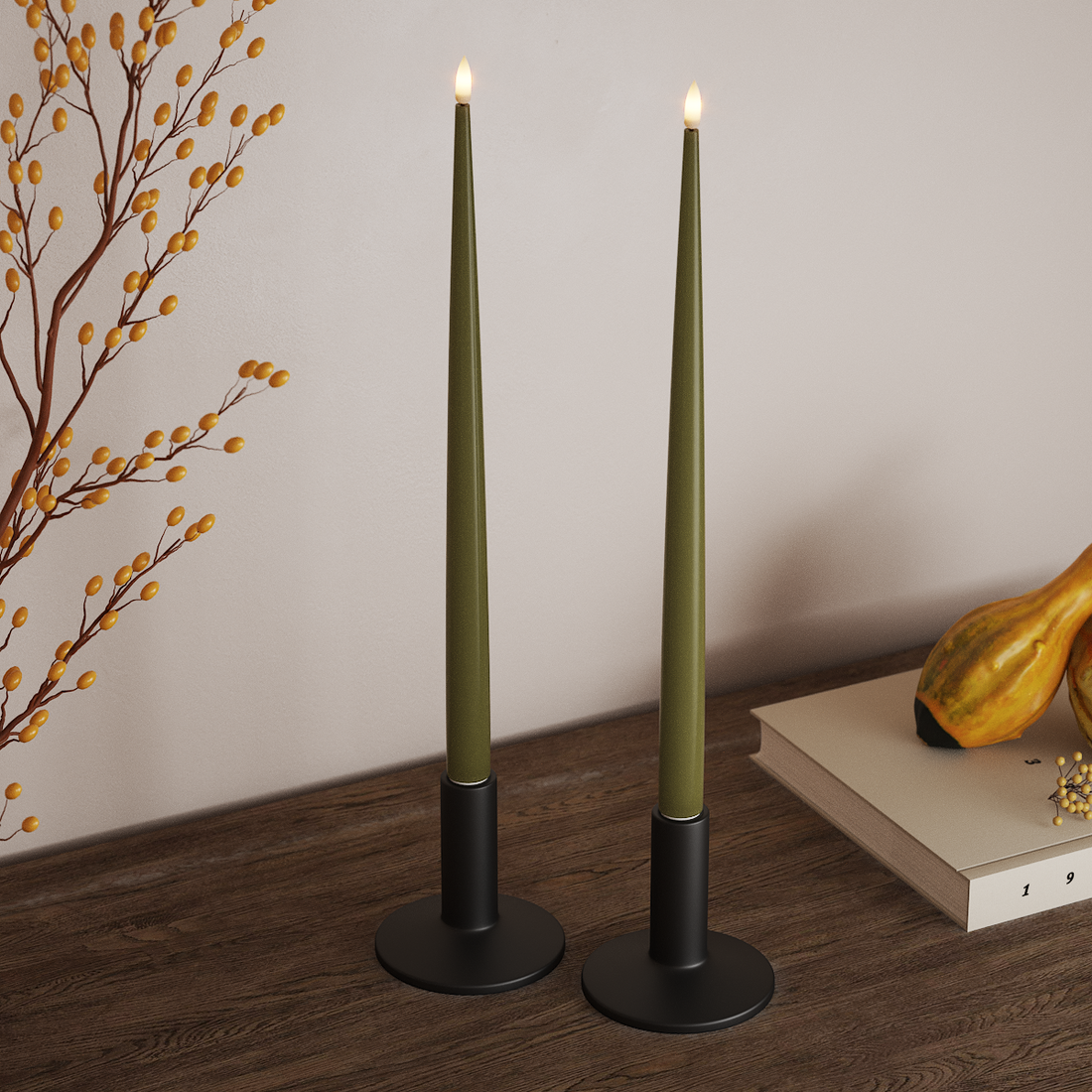 Deluxe Homeart LED Kertelys med Lak, 2 stk 38 cm Olivengrøn LED kertelys 4