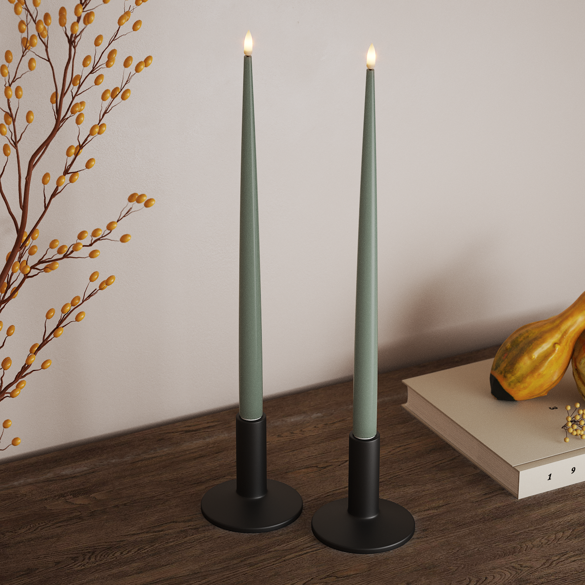 Deluxe Homeart LED Shiny Dinner candle with Lacquer, 2 pieces 38 cm Sage Green LED Shiny Dinner candle 3