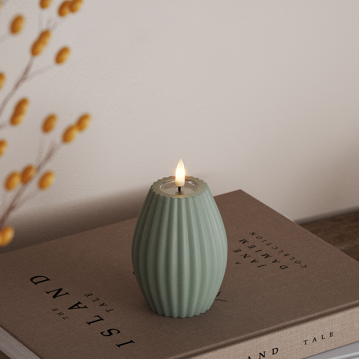 Deluxe Homeart LED Ribbed candle D 7.5 x H 10 cm Sage Green LED Ribbed candle 3