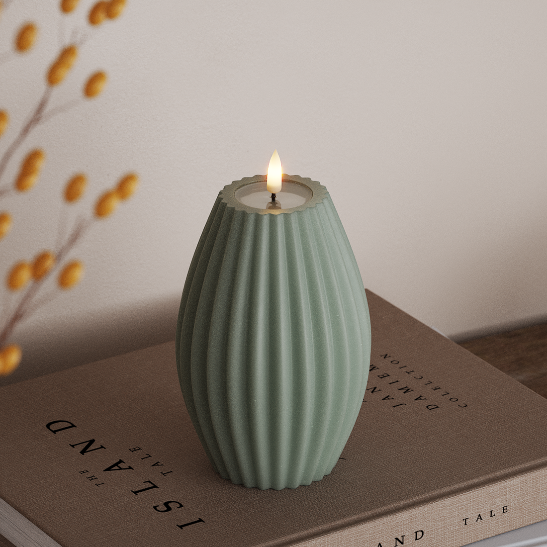 Deluxe Homeart LED Ribbed candle D 10 x H 15 cm Sage Green LED Ribbed candle 4