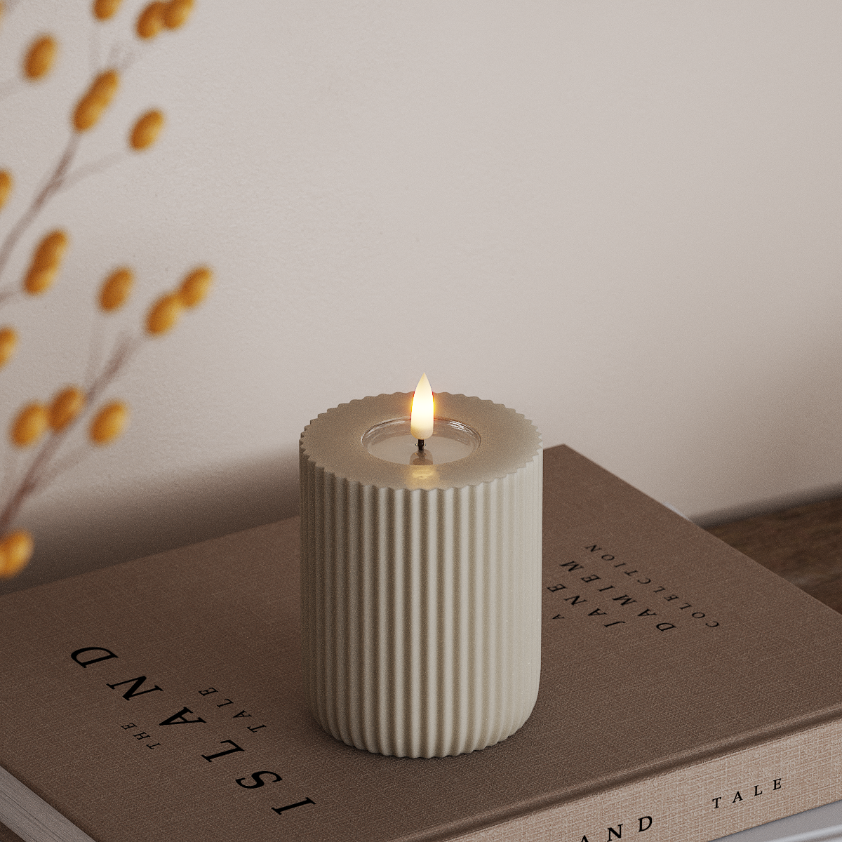 Deluxe Homeart Solid Stripe LED Pillar candle Ø 8 X 10 Cm Sand LED Shape 3