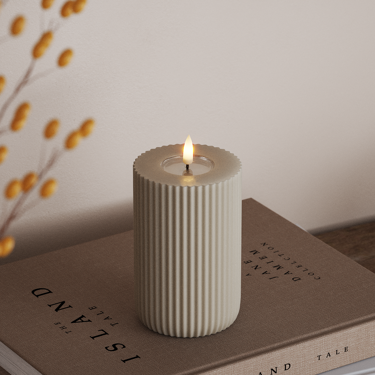 Deluxe Homeart Solid Stripe LED Pillar candle Ø 8 X 12.5 cm Sand LED Shape 3