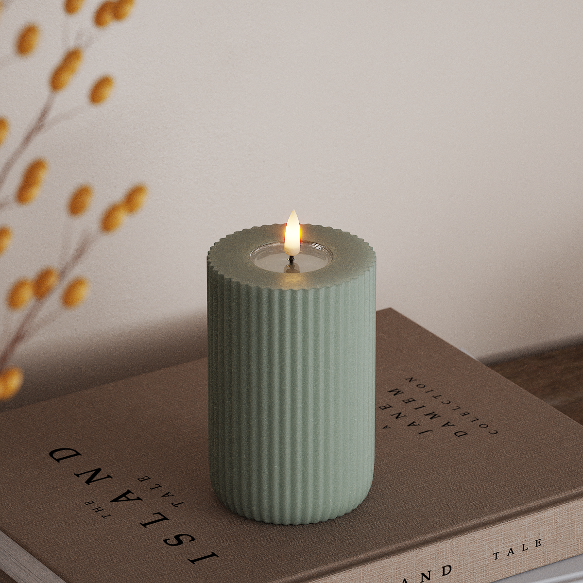 Deluxe Homeart Solid Stripe LED Pillar candle Ø 8 X 12.5 cm Sage Green LED Shape 3
