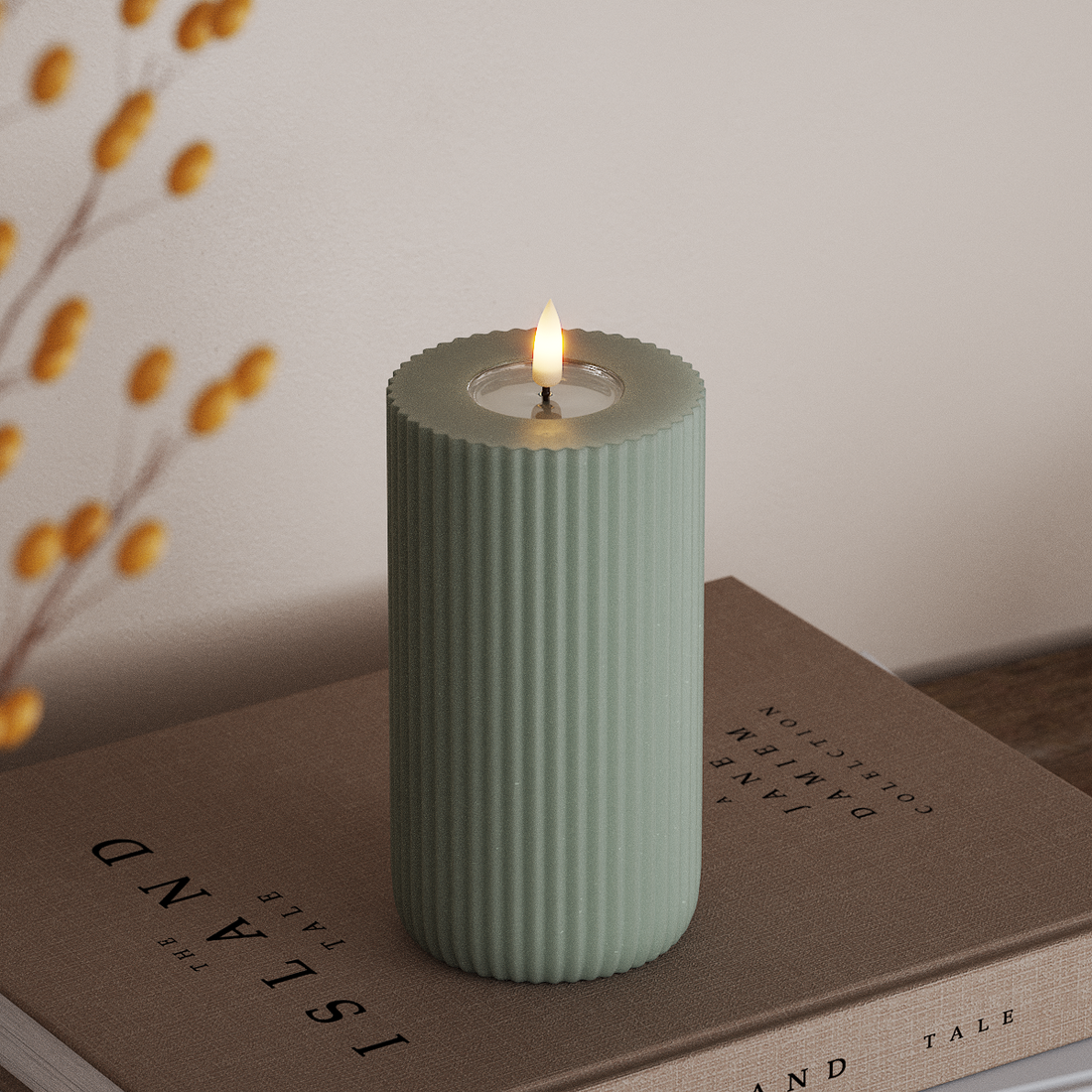Deluxe Homeart Solid Stripe LED Pillar candle Ø 8 X 15 Cm Sage Green LED Shape 4