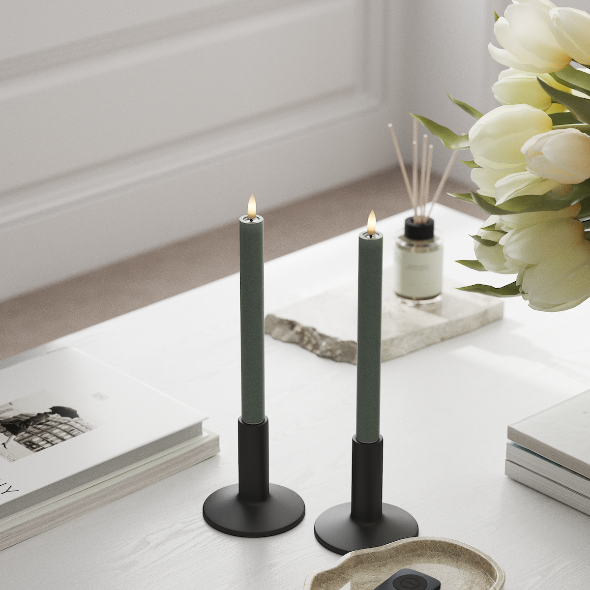 Deluxe Homeart LED Dinner candle 2 pieces, Ø 2 x 24 cm Sage Green LED Dinner candle 1