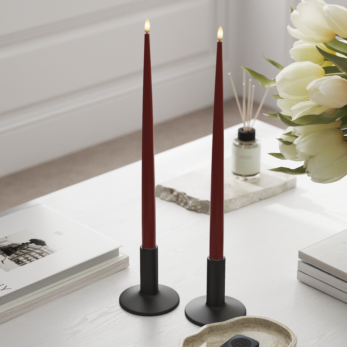 Deluxe Homeart LED Shiny Dinner candle with Lacquer, 2 pieces 38 cm Red LED Shiny Dinner candle 1