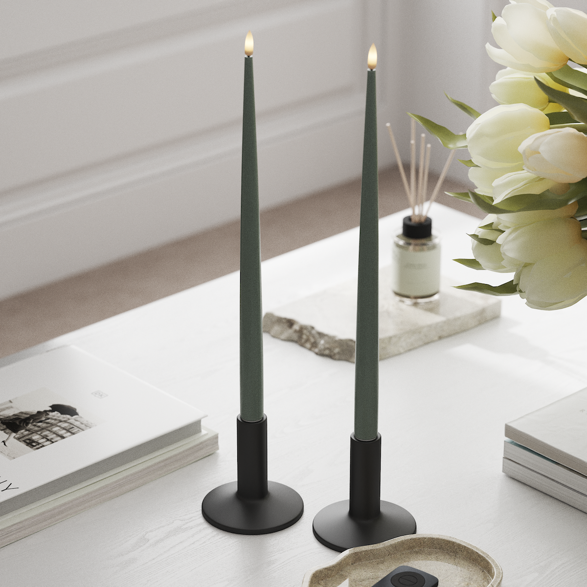 Deluxe Homeart LED Shiny Dinner candle with Lacquer, 2 pieces 38 cm Sage Green LED Shiny Dinner candle 1