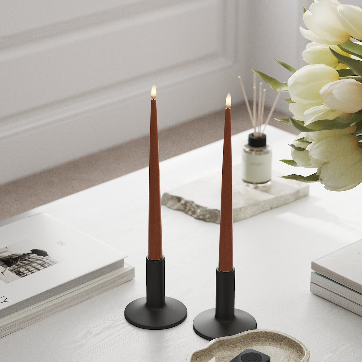 Deluxe Homeart LED Shiny Dinner candle with Lacquer, 2 pieces 28 cm Orange LED Shiny Dinner candle 1