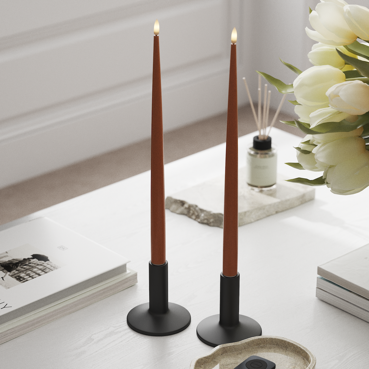 Deluxe Homeart LED Shiny Dinner candle with Lacquer, 2 pieces 38 cm Orange LED Shiny Dinner candle 1