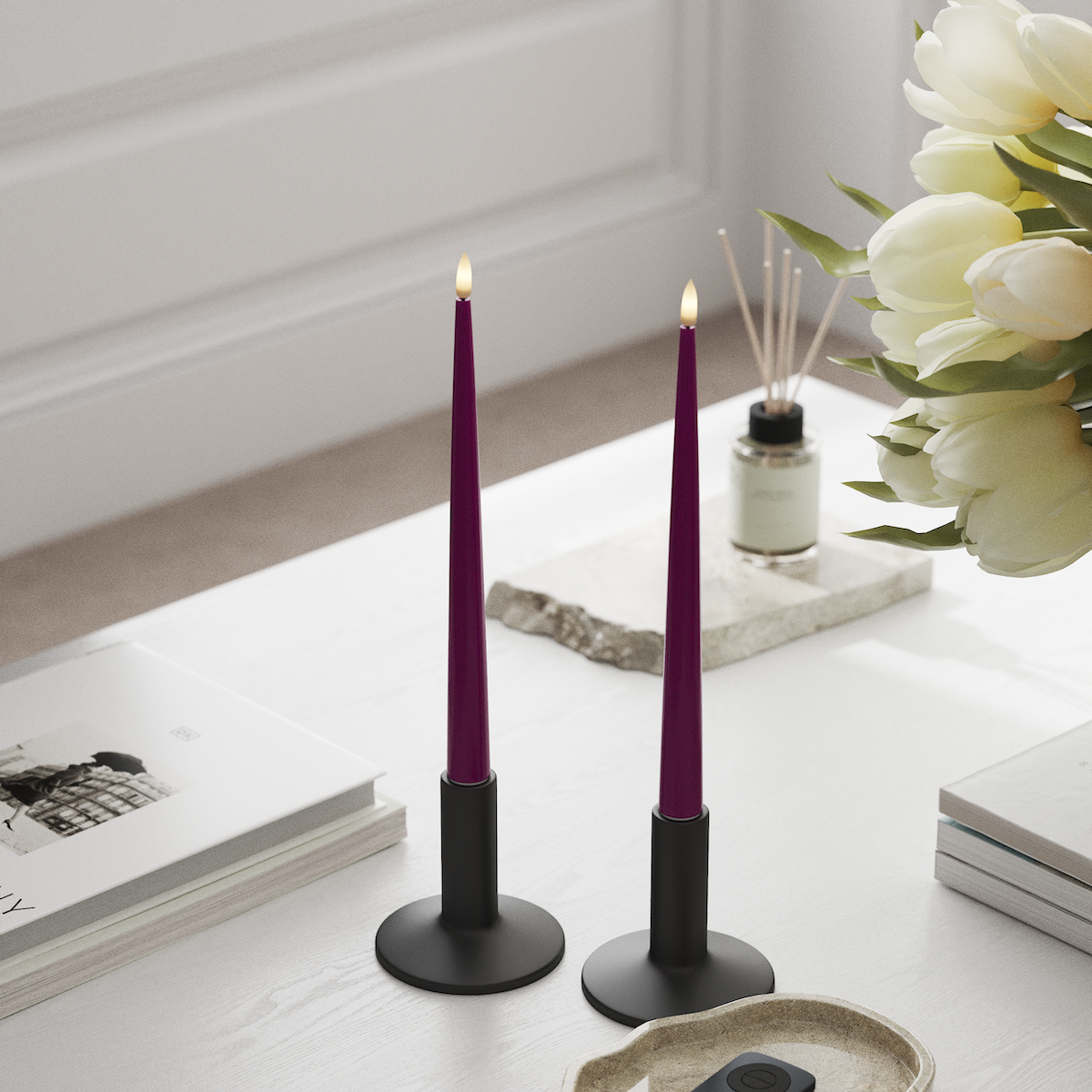 Deluxe Homeart LED Shiny Dinner candle with Lacquer, 2 pieces 28 cm Violet LED Shiny Dinner candle 1