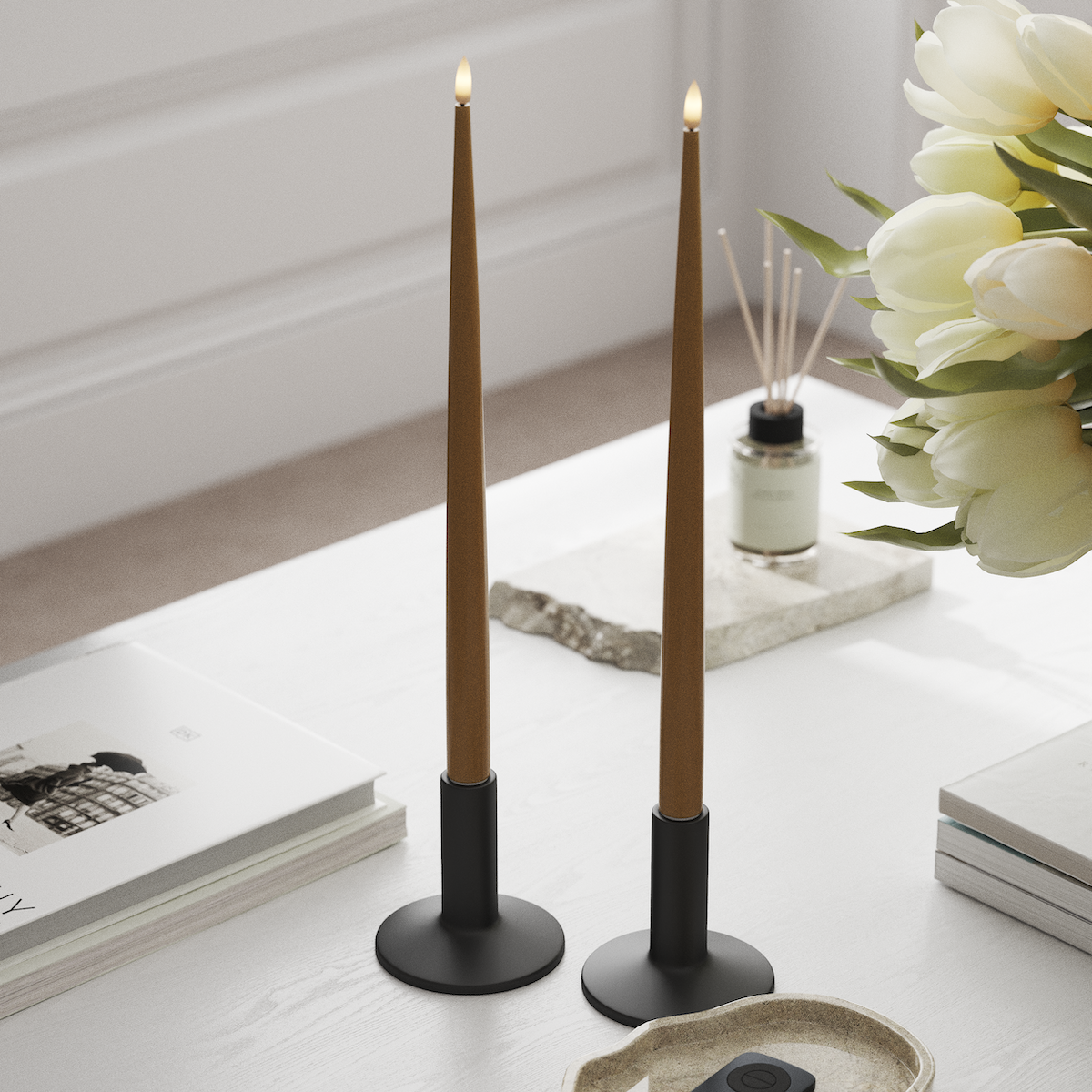 Deluxe Homeart LED Shiny Dinner candle with Lacquer, 2 pieces 38 cm Curry LED Shiny Dinner candle 1