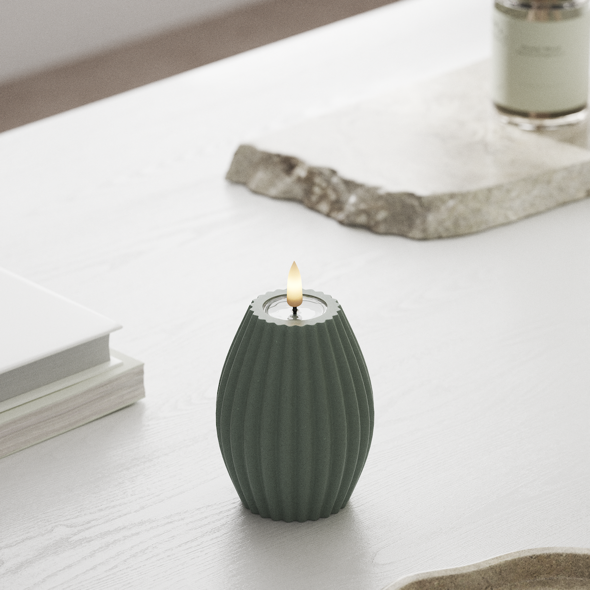 Deluxe Homeart LED Ribbed candle D 7.5 x H 10 cm Sage Green LED Ribbed candle 1