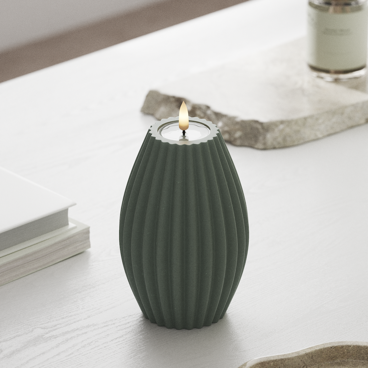 Deluxe Homeart LED Ribbed candle D 10 x H 15 cm Sage Green LED Ribbed candle 1