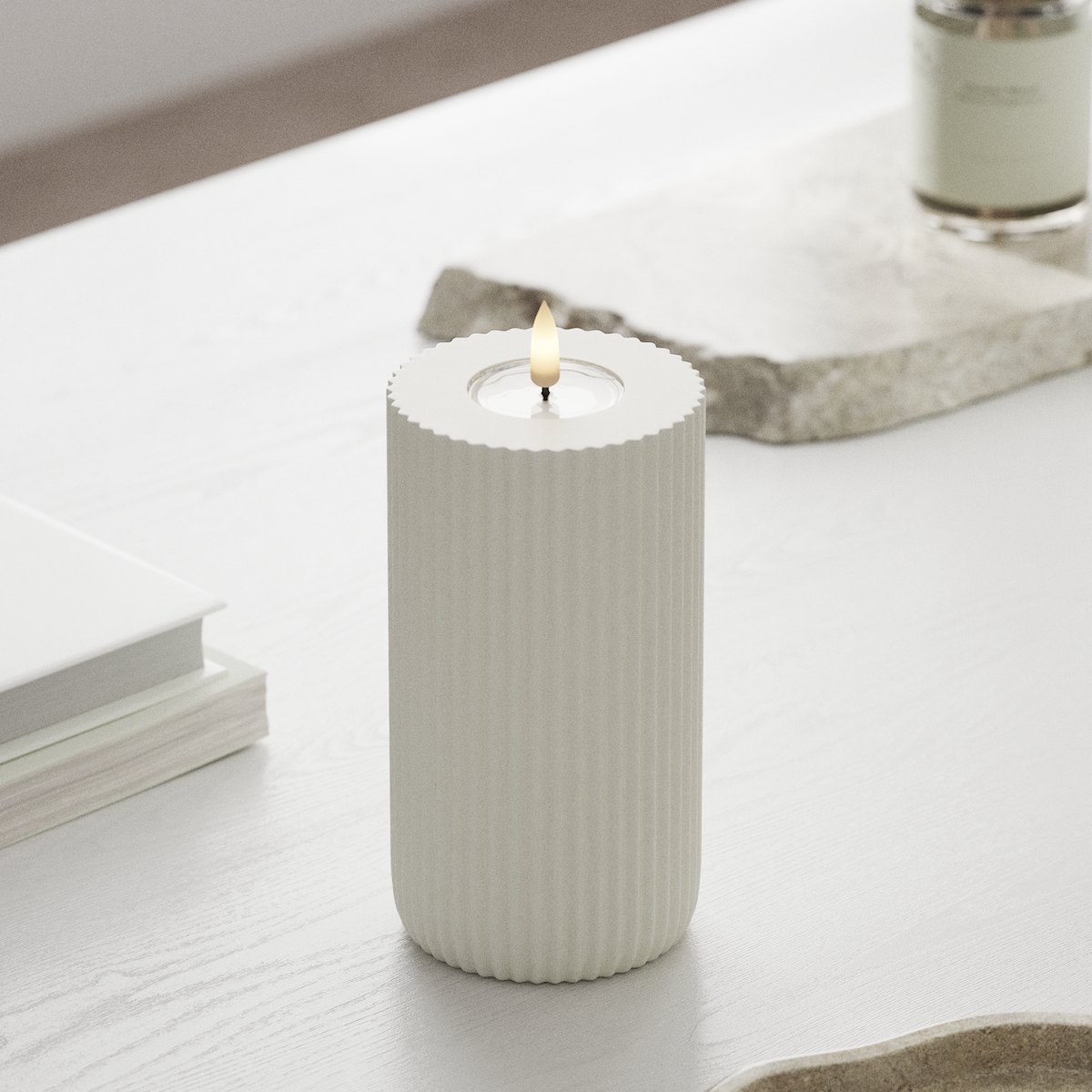 Deluxe Homeart Solid Stripe LED Pillar candle Ø 8 X 15 Cm White LED Shape 1