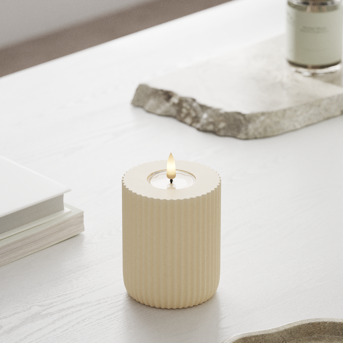 Deluxe Homeart Solid Stripe LED Pillar candle Ø 8 X 10 Cm Cream LED Shape 1