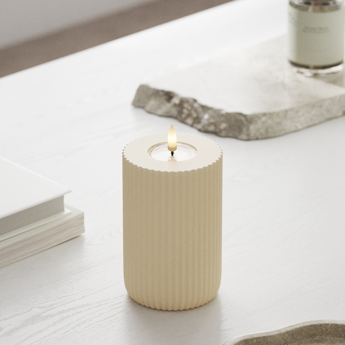 Deluxe Homeart Solid Stripe LED Pillar candle Ø 8 X 12.5 cm Cream LED Shape 1