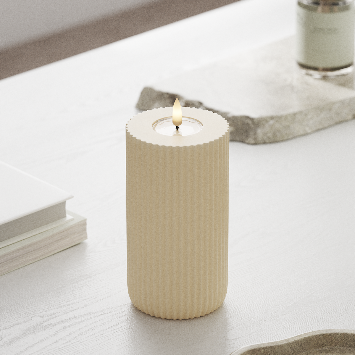 Deluxe Homeart Solid Stripe LED Pillar candle Ø 8 X 15 Cm Cream LED Shape 1