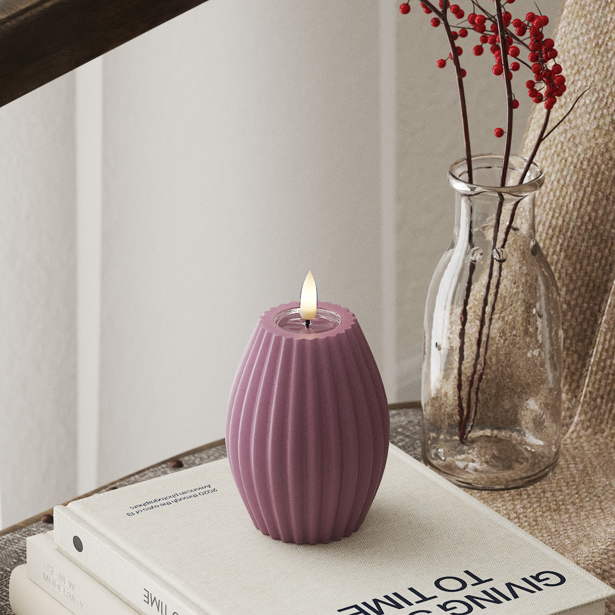Deluxe Homeart LED Ribbed candle D 7.5 x H 10 cm Light Purple LED Ribbed candle 4