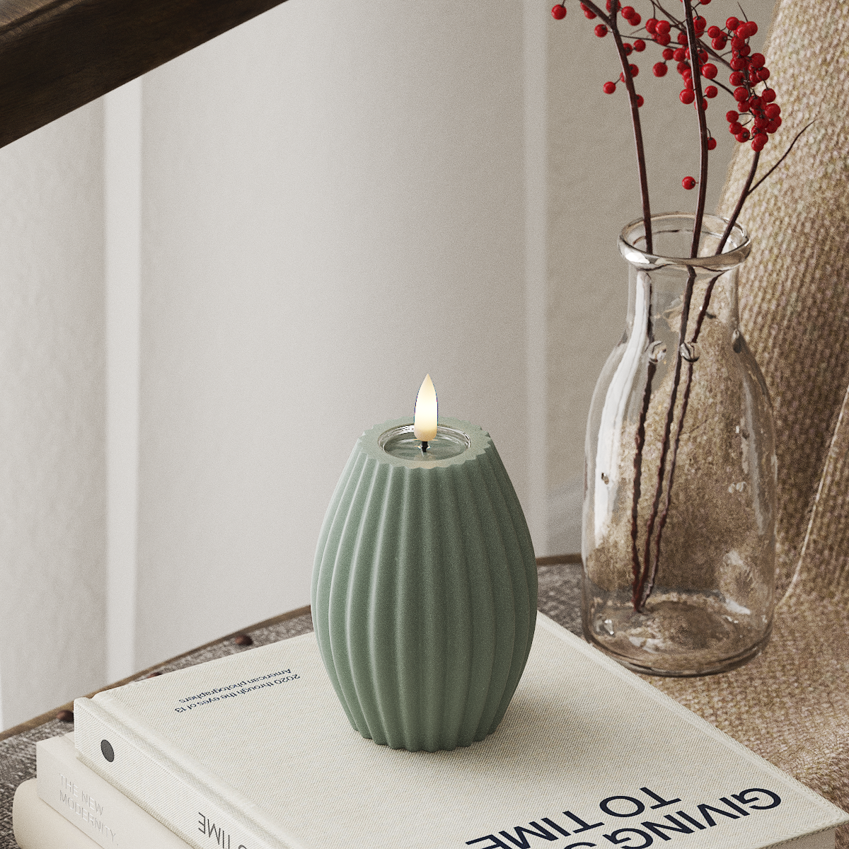 Deluxe Homeart LED Ribbed candle D 7.5 x H 10 cm Sage Green LED Ribbed candle 4