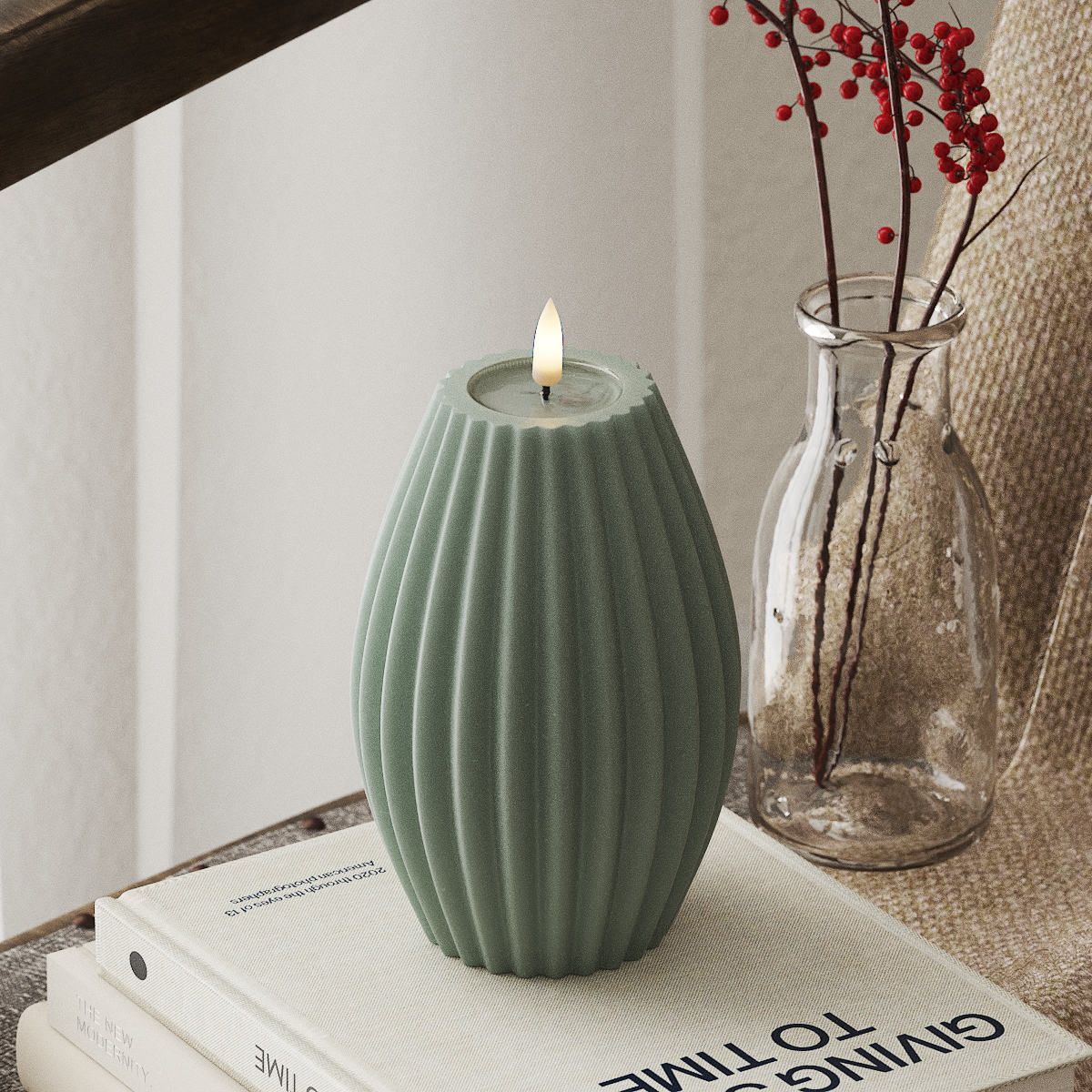 Deluxe Homeart LED Ribbed candle D 10 x H 15 cm Sage Green LED Ribbed candle 4