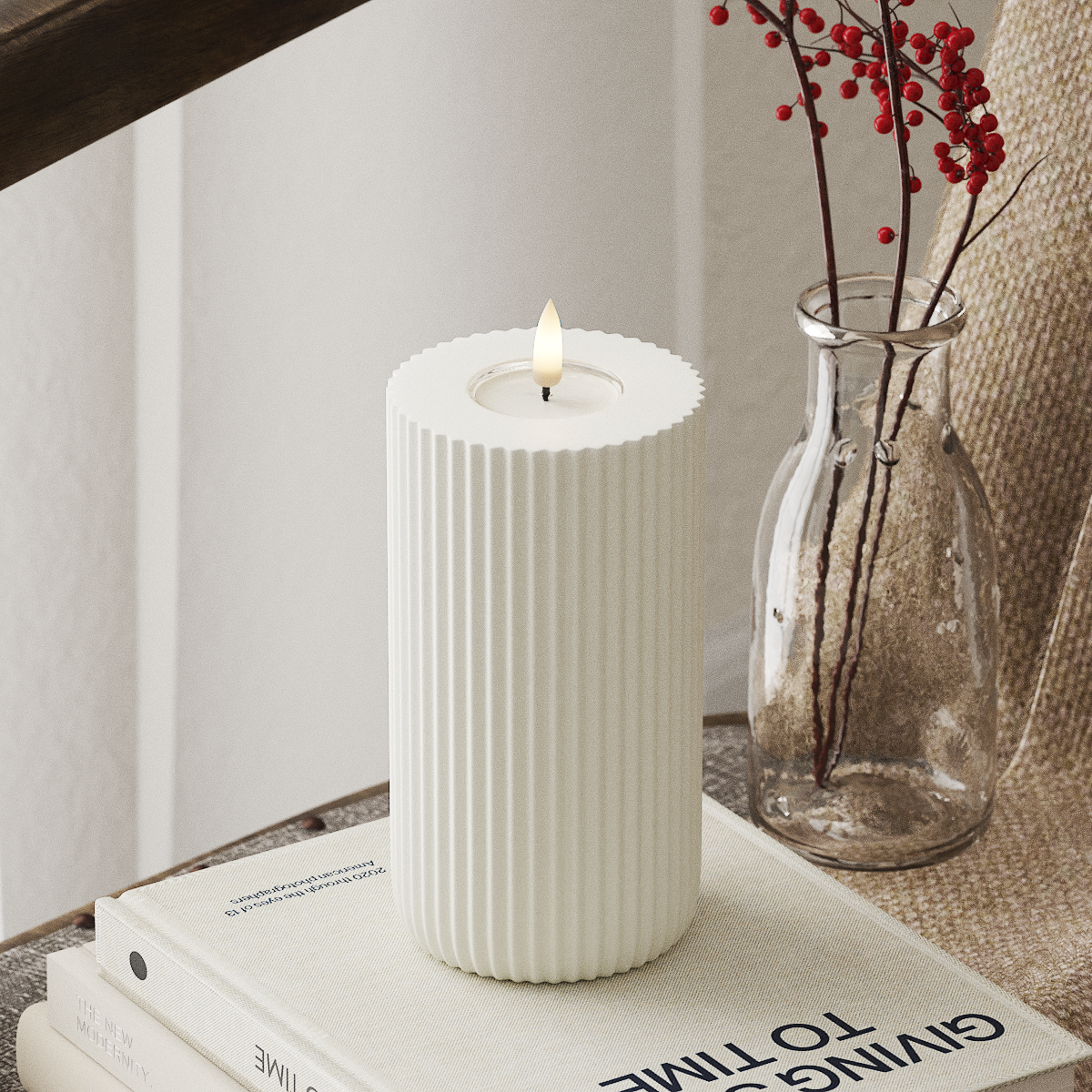 Deluxe Homeart Solid Stripe LED Pillar candle Ø 8 X 15 Cm White LED Shape 4