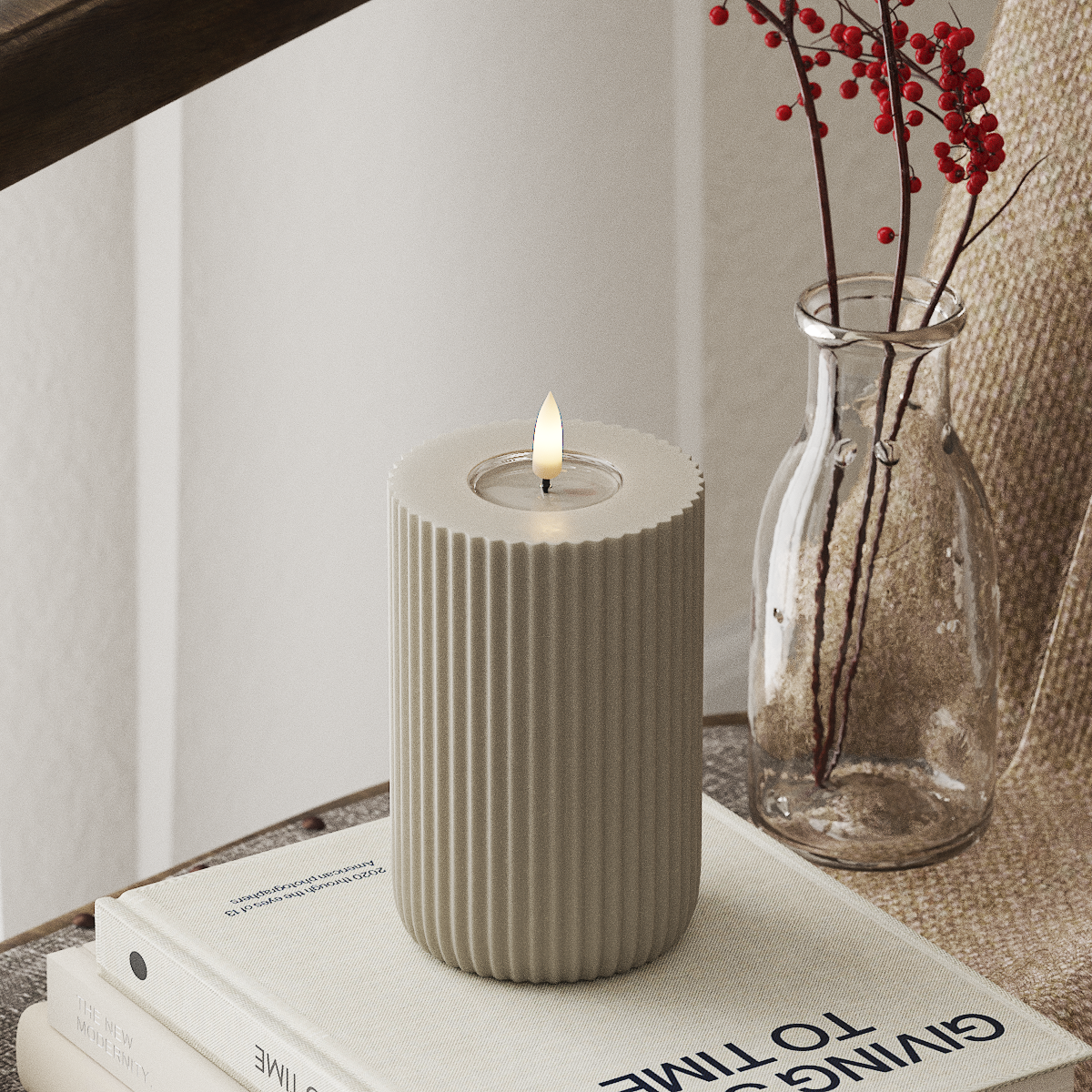 Deluxe Homeart Solid Stripe LED Pillar candle Ø 8 X 12.5 cm Sand LED Shape 4