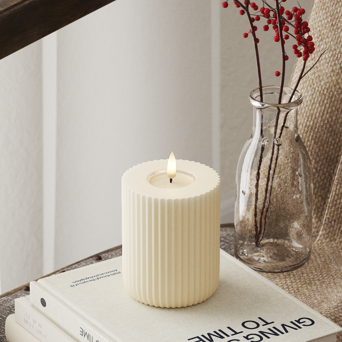 Deluxe Homeart Solid Stripe LED Pillar candle Ø 8 X 10 Cm Cream LED Shape 4