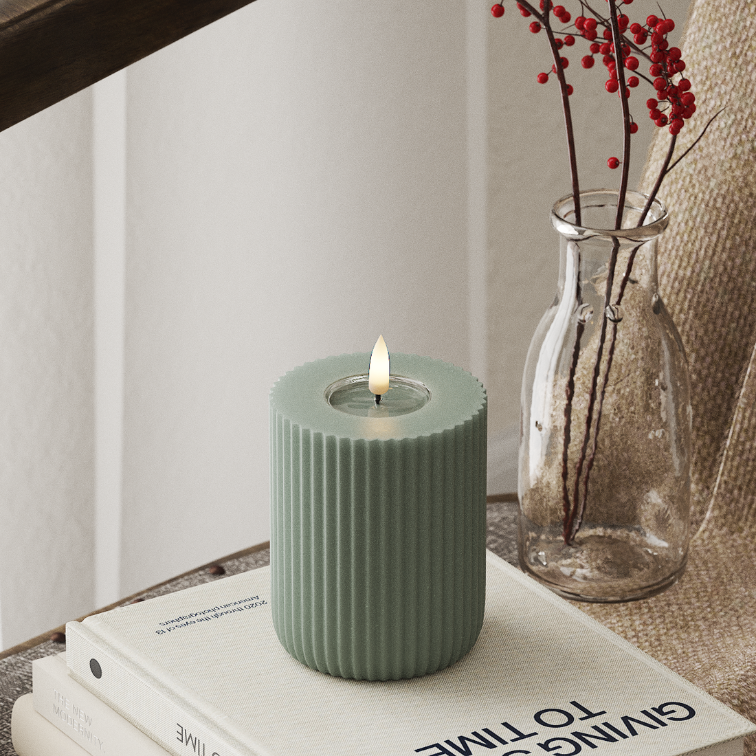 Deluxe Homeart Solid Stripe LED Pillar candle Ø 8 X 10 Cm Sage Green LED Shape 4