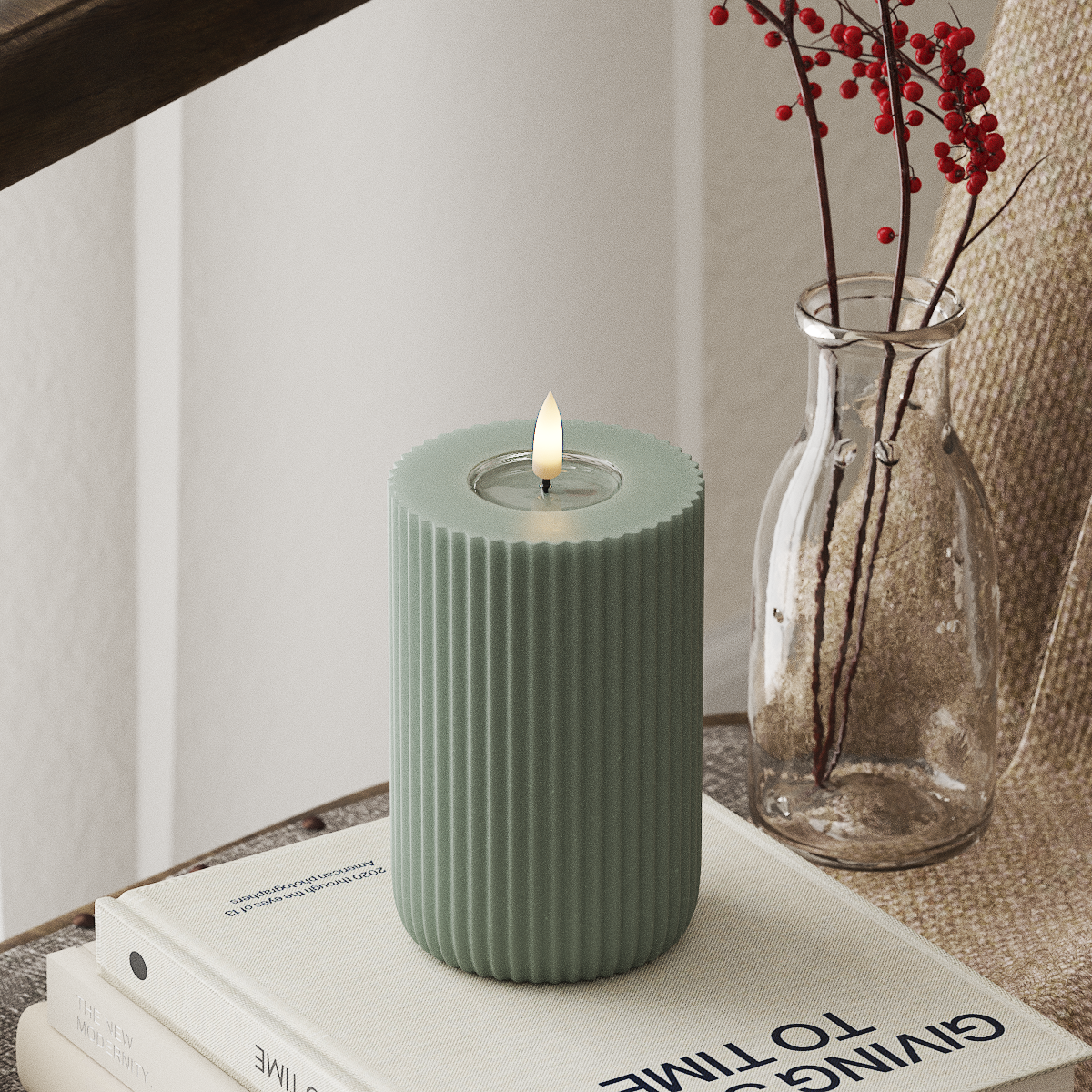 Deluxe Homeart Solid Stripe LED Pillar candle Ø 8 X 12.5 cm Sage Green LED Shape 4