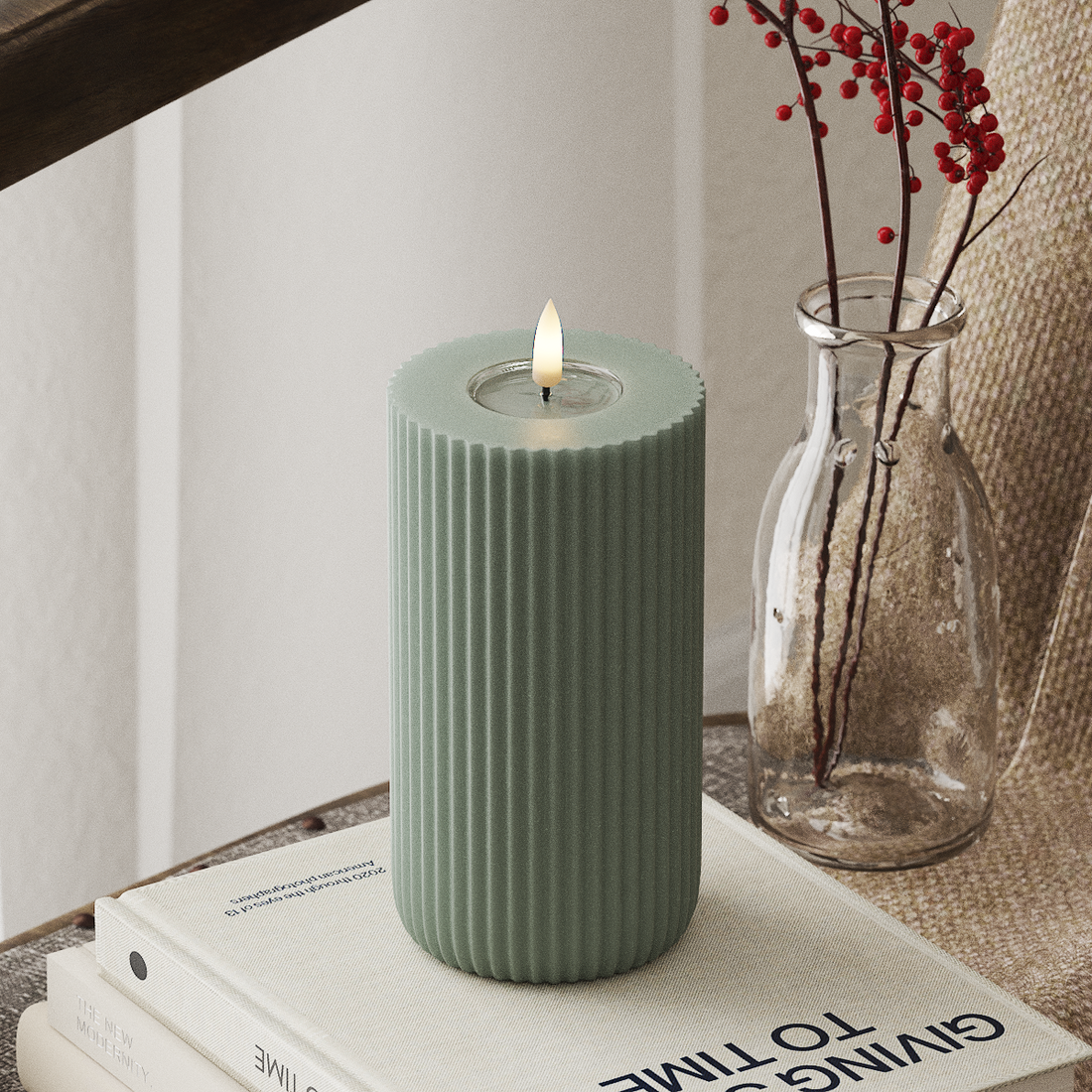 Deluxe Homeart Solid Stripe LED Pillar candle Ø 8 X 15 Cm Sage Green LED Shape 4