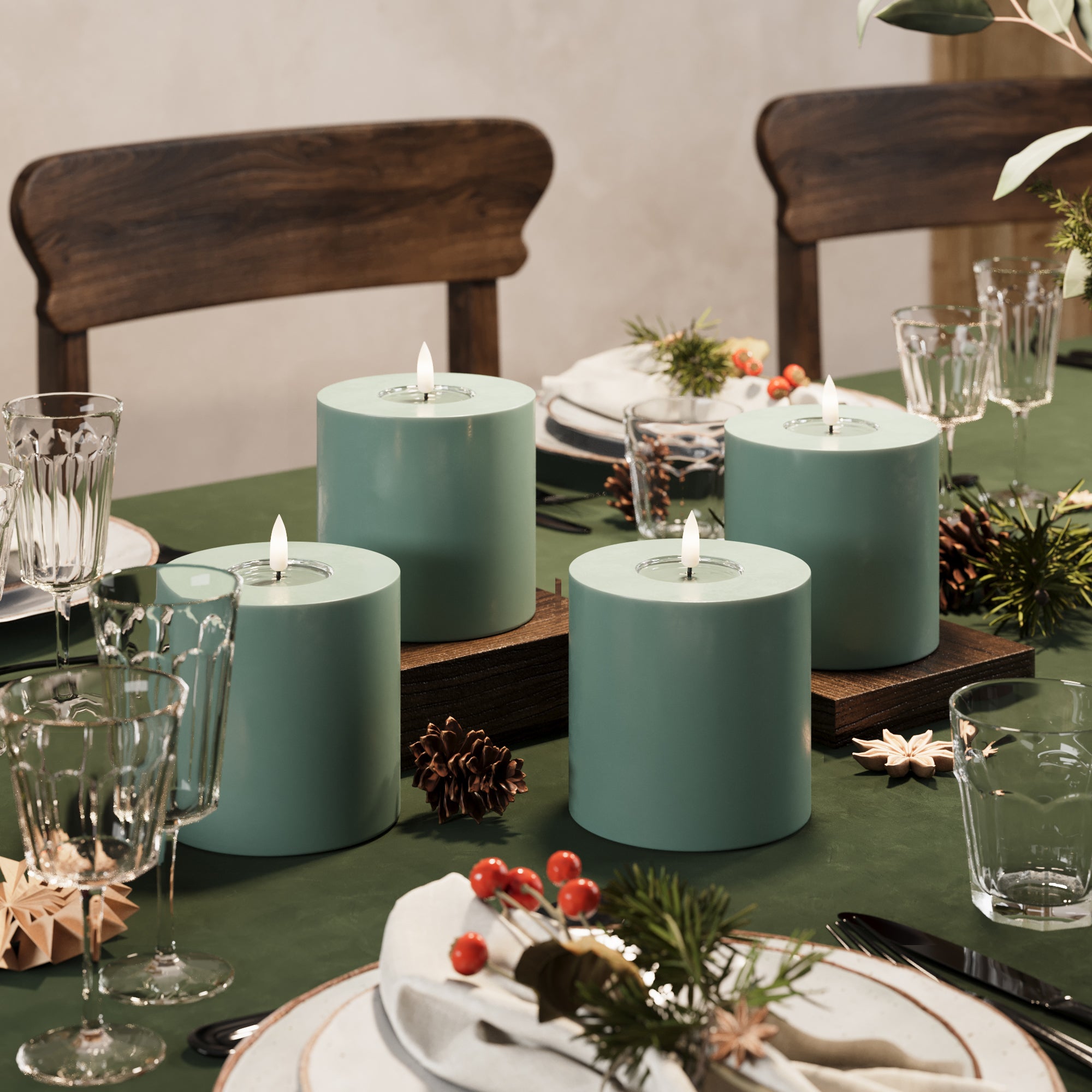 LED Pillar candle Ø 10 x 10 cm Jade Green - 4 pcs