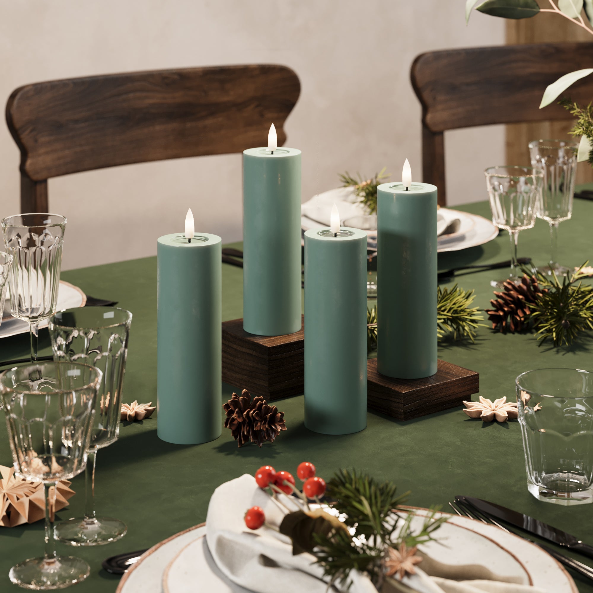 LED Blocklight Ø 5 x 15 cm Jadegrønn + 4 stk