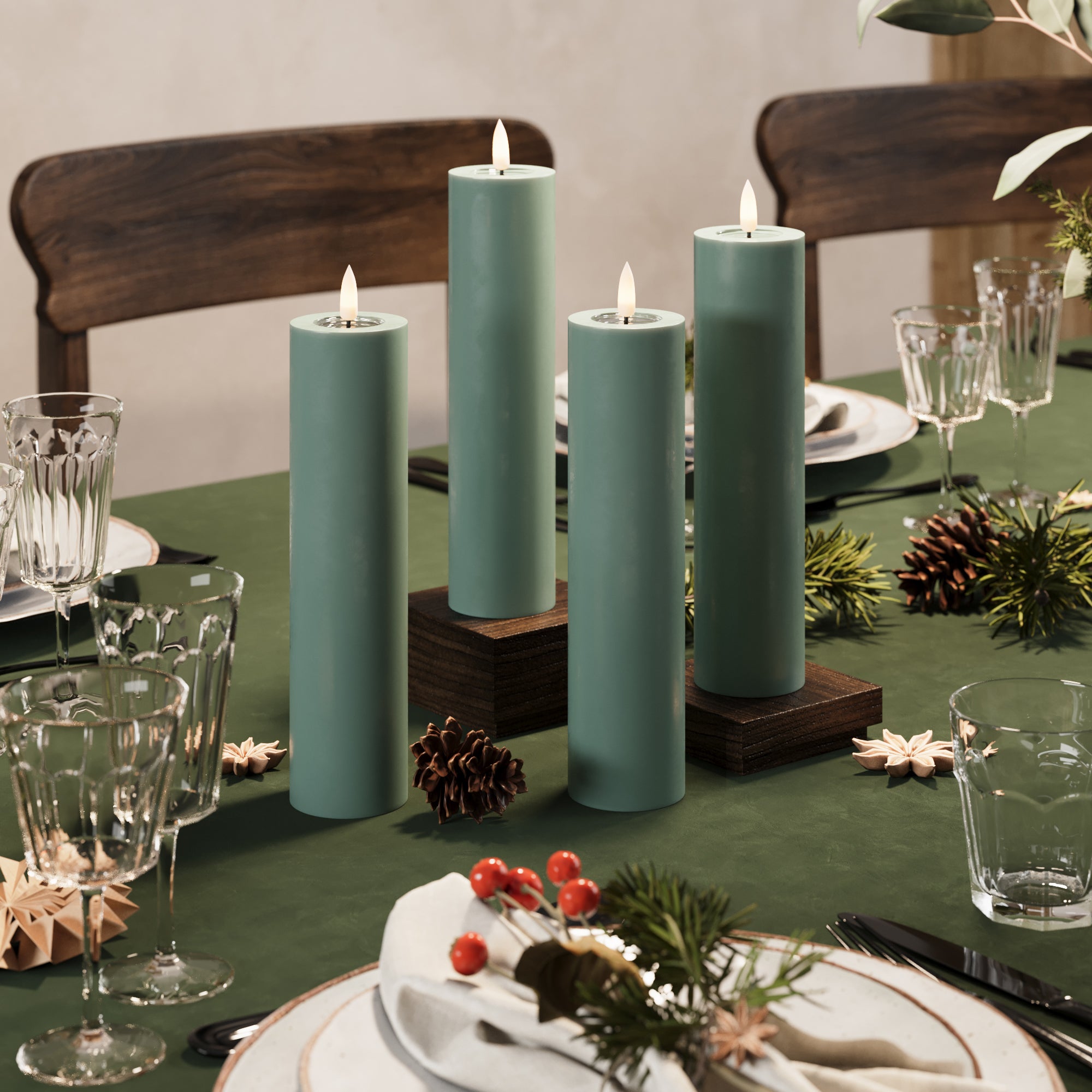 LED Pillar candle Ø 5 x 20 cm Jade Green - 4 pcs
