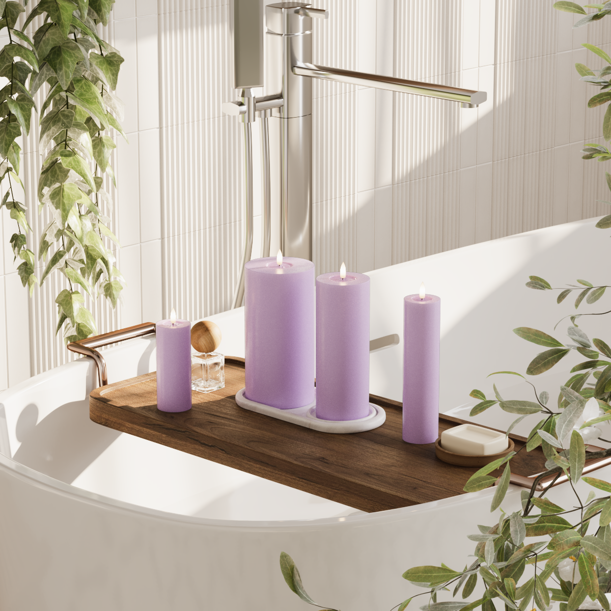 Deluxe Homeart LED bloklys pakke - Lavendel - 5 x 12,5 + 20 | 7,5 x 20 | 10 x 20 cm pakke 2