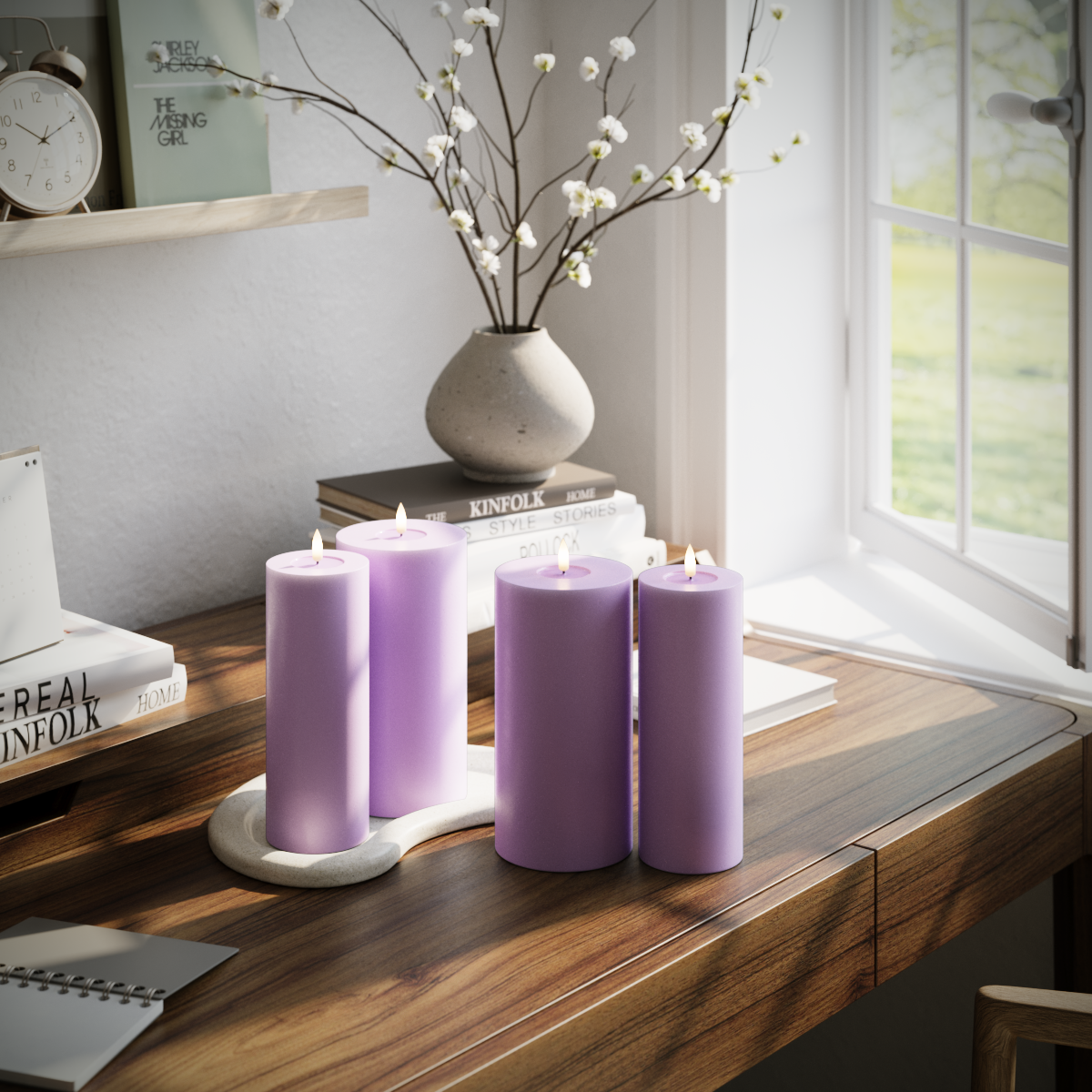 Deluxe Homeart LED Pillar candle package - Lavender - 2x 7.5 x 20 | 2x 10 x 20 cm package 1