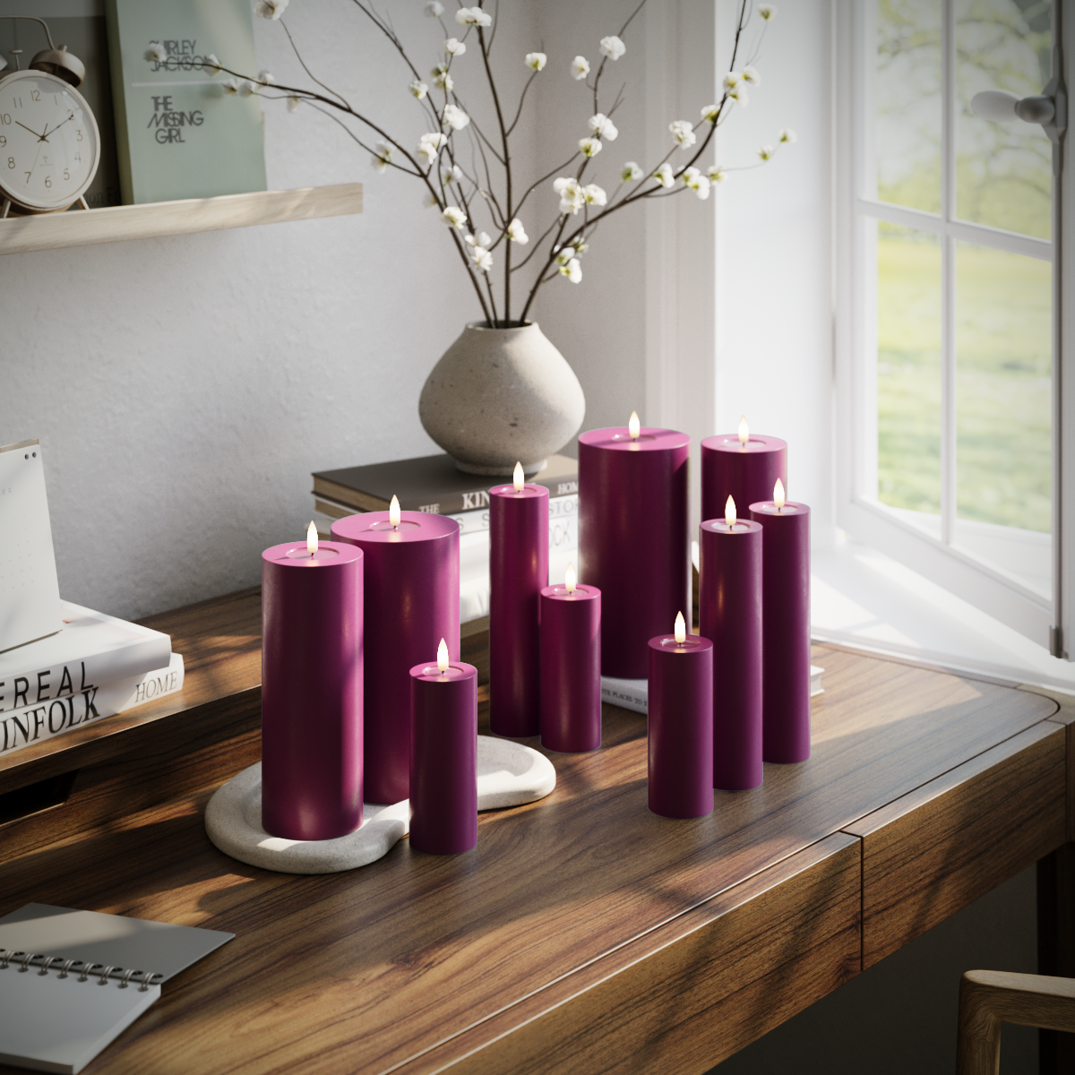 Deluxe Homeart LED Pillar candle package - Violet - 3 x 5 x 20 | 3 x 5 x 12.5 | 2 x 7.5 x 20 | 2x 10 x 20 cm package 1