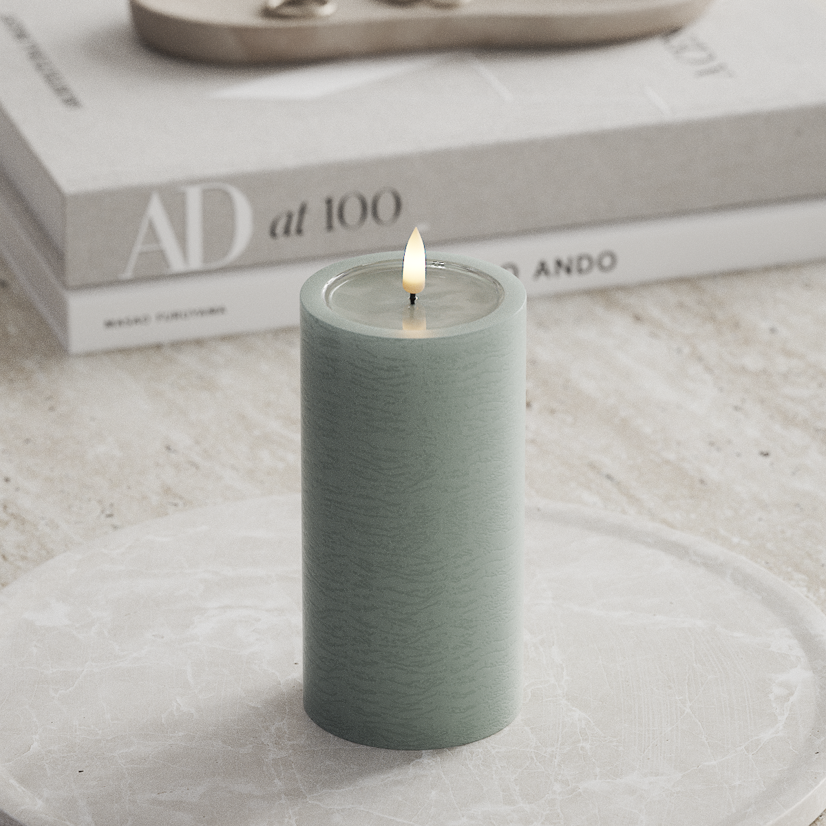 Deluxe Homeart Unique LED Pillar candle D 7.5 x 15 cm Sage Green unique Pillar candle 1