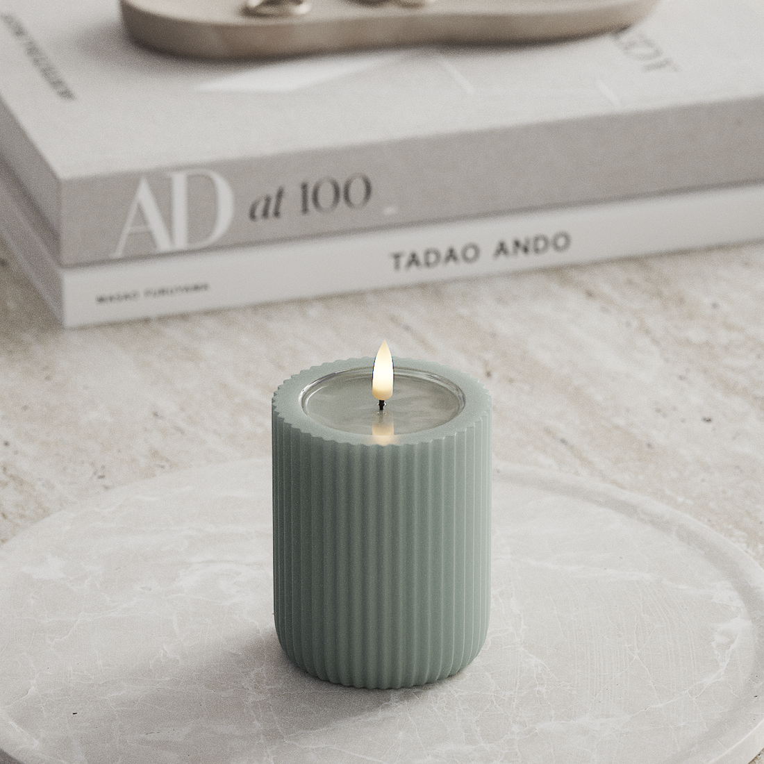 Deluxe Homeart Unique LED Ribbed candle D 8 x 10 cm Sage Green unique Ribbed candle 3